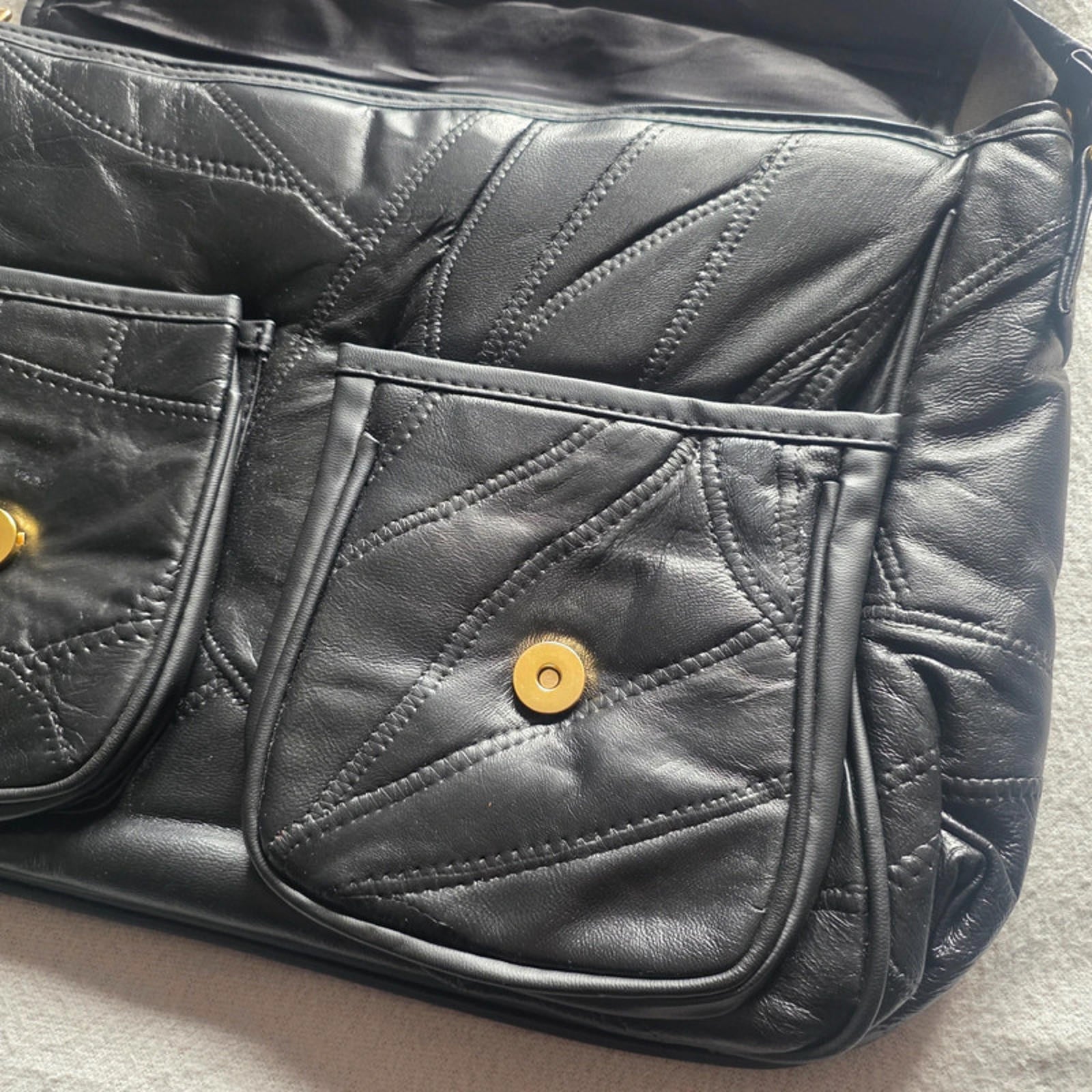 Black Leather Patchwork Messenger Bag Gold Hardware Vintage Style Crossbody