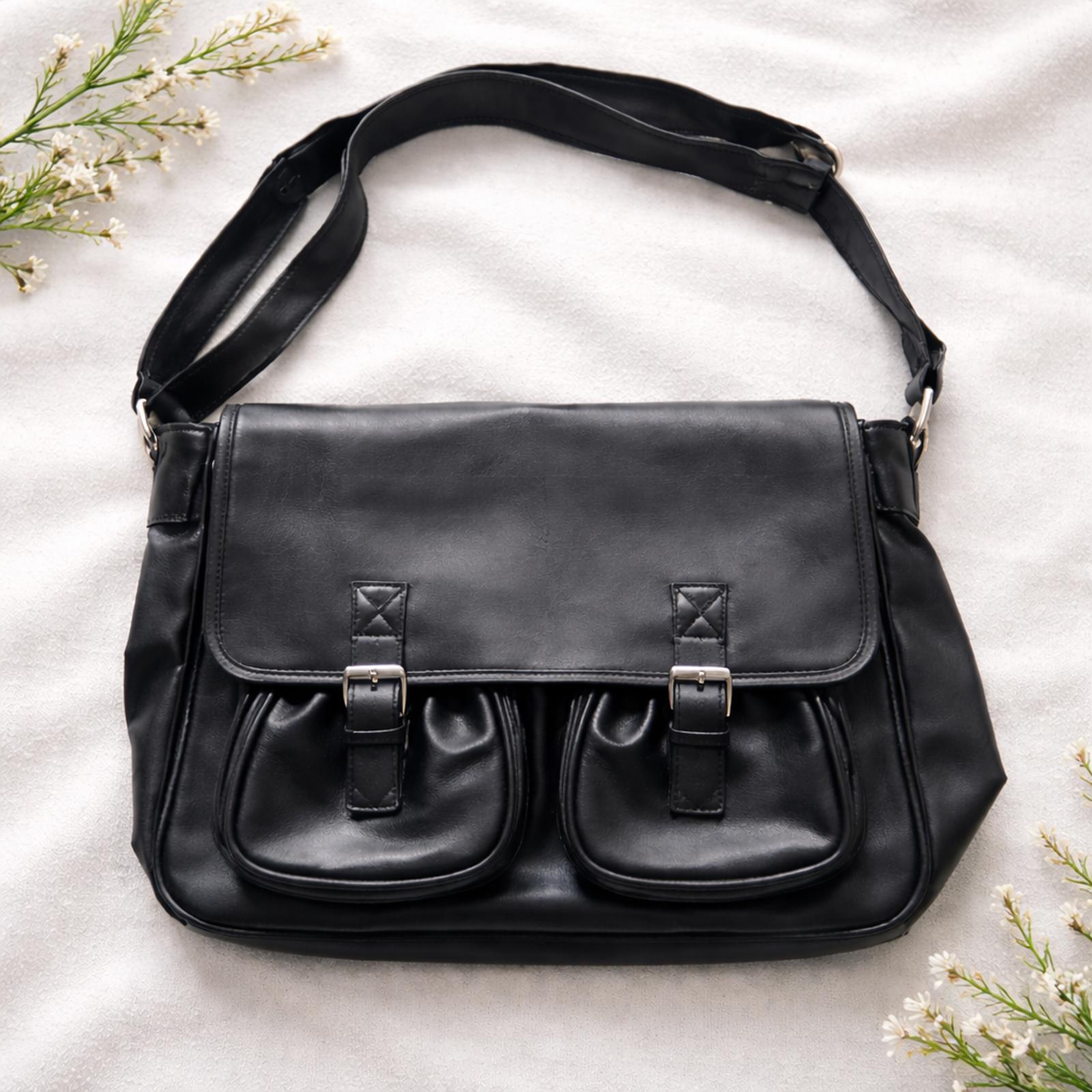 Black Faux Leather Messenger Bag Cross Body Satchel 2 Front Pockets Adjustable