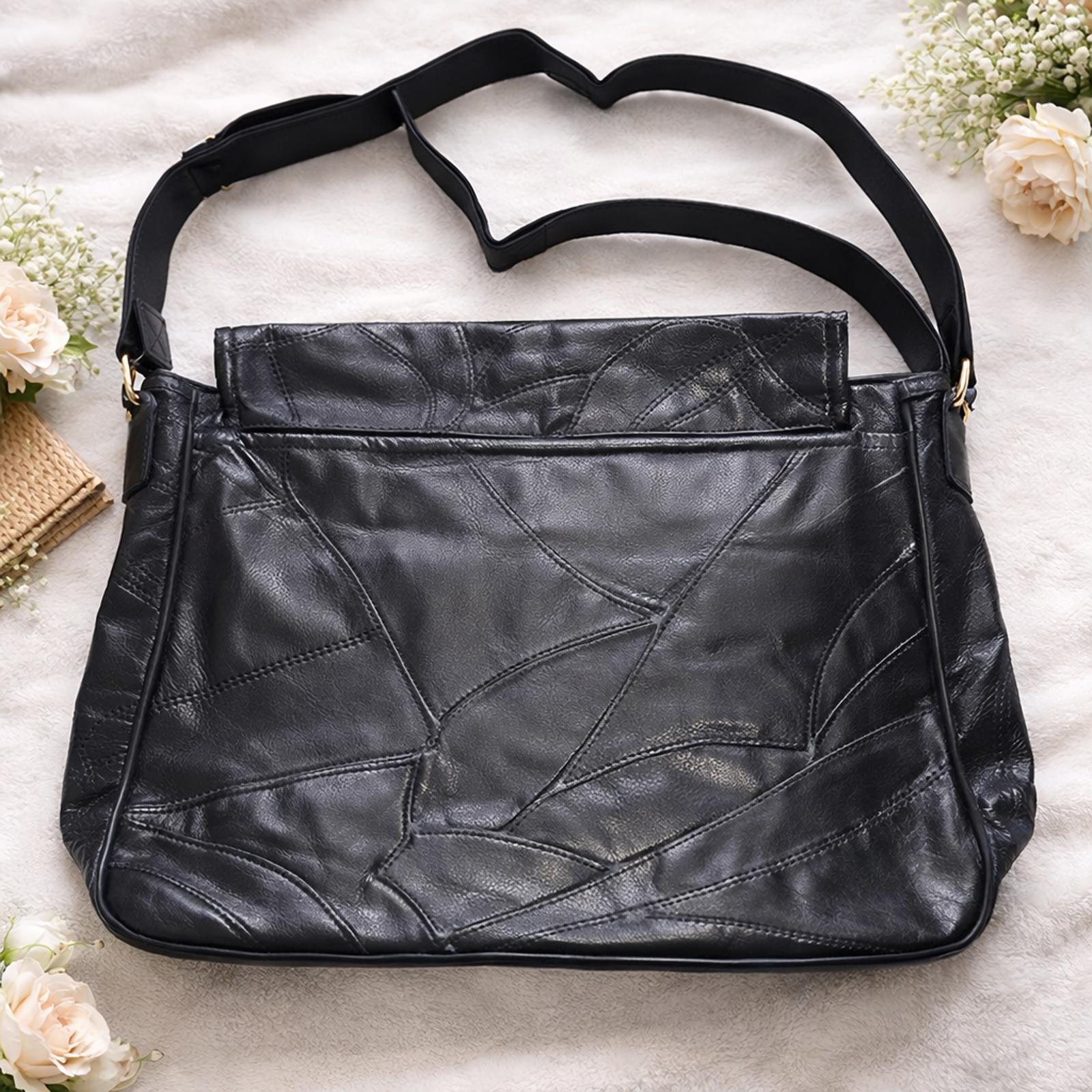 Black Leather Patchwork Messenger Bag Gold Hardware Vintage Style Crossbody