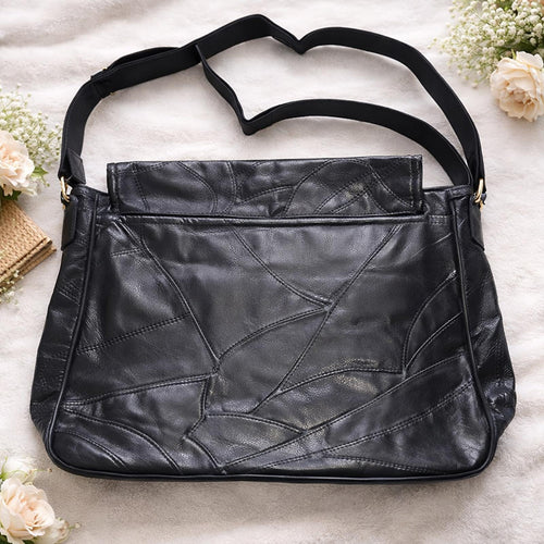 Black Leather Patchwork Messenger Bag Gold Hardware Vintage Style Crossbody