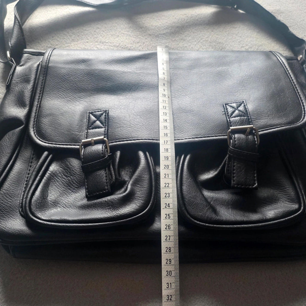 Black Faux Leather Messenger Bag Cross Body Satchel 2 Front Pockets Adjustable