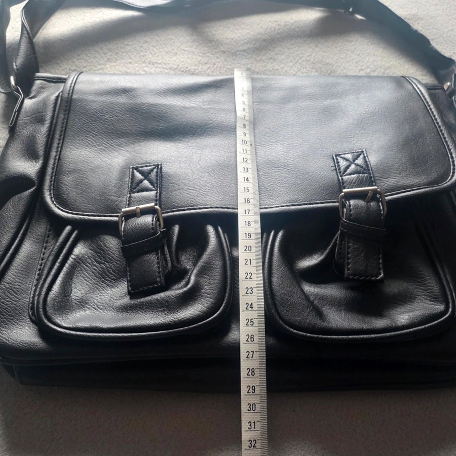 Black Faux Leather Messenger Bag Cross Body Satchel 2 Front Pockets Adjustable