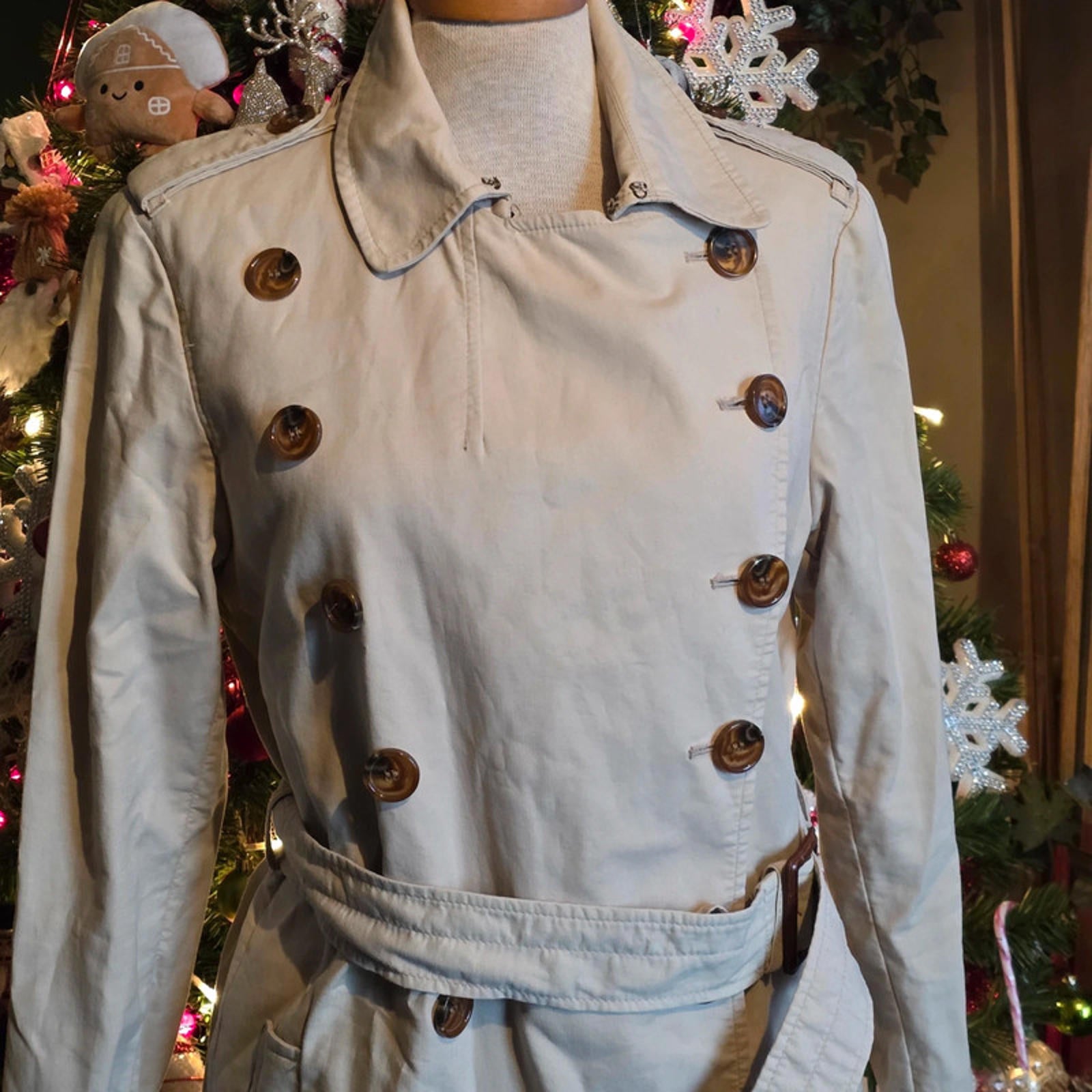 French Connection Classic Beige Trench Coat Double Breasted Size 10 Smart Casual