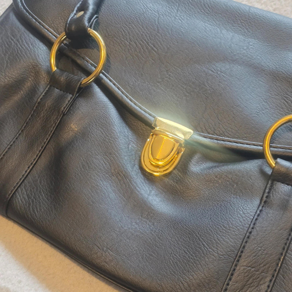 Black Leather Handbag Gold Hardware Ring Detail Classic Structured Shoulder Bag