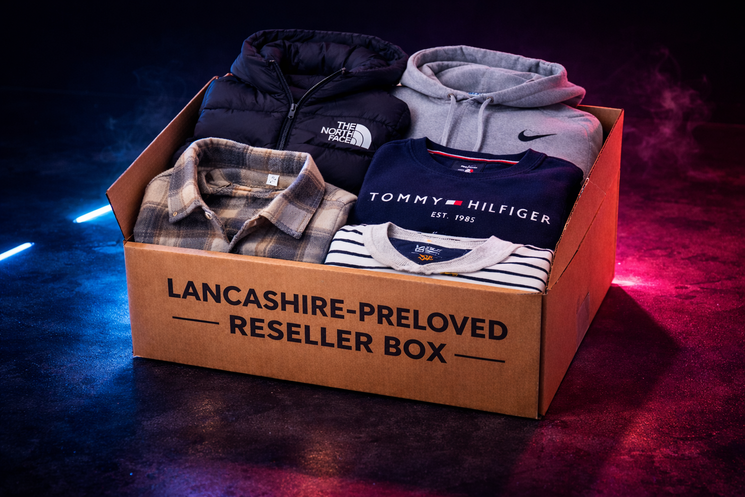Lancashire Preloved branded reseller box used for second-hand clothing and item resale