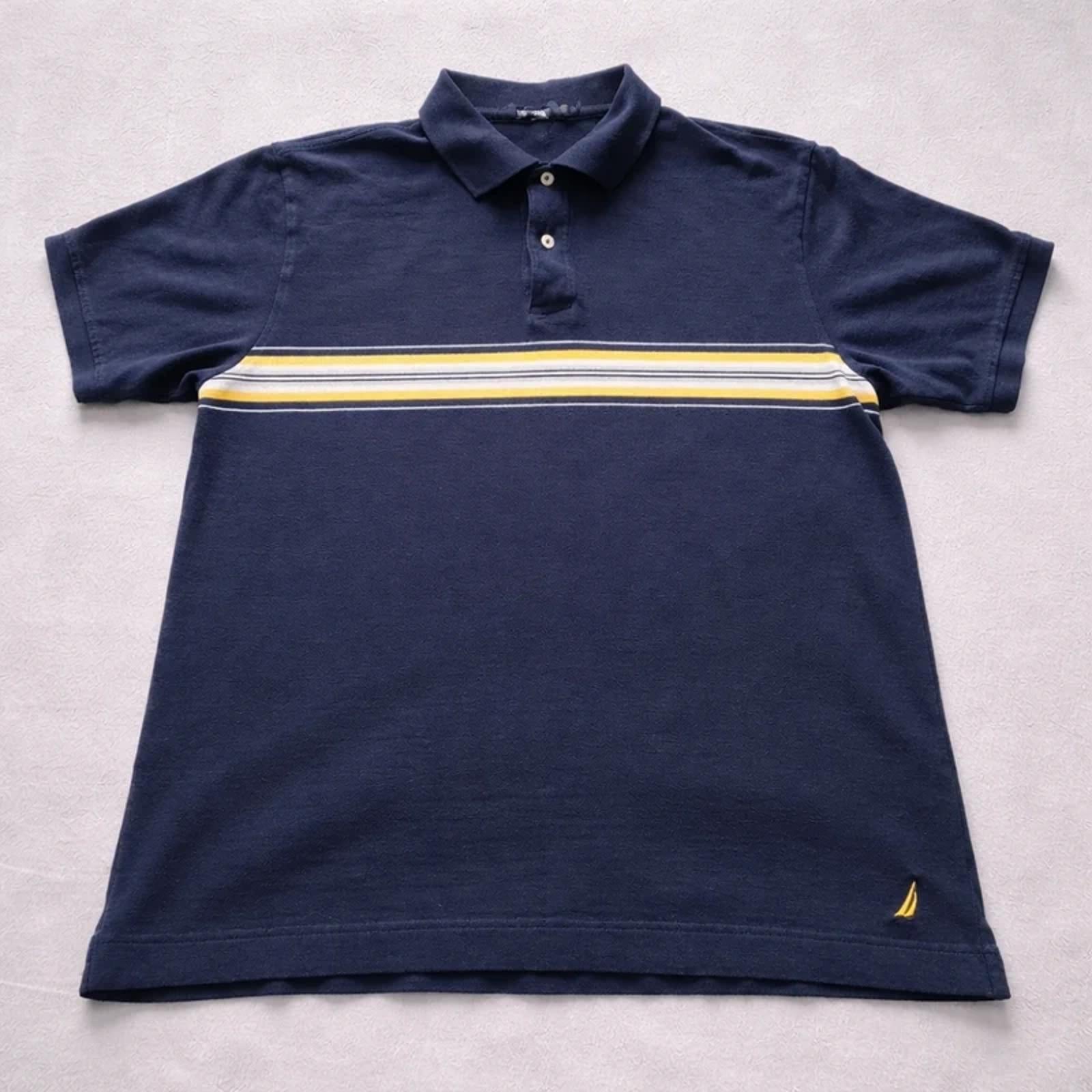 Nautica Polo Shirt Navy Striped Logo – Size L – Cotton Vintage