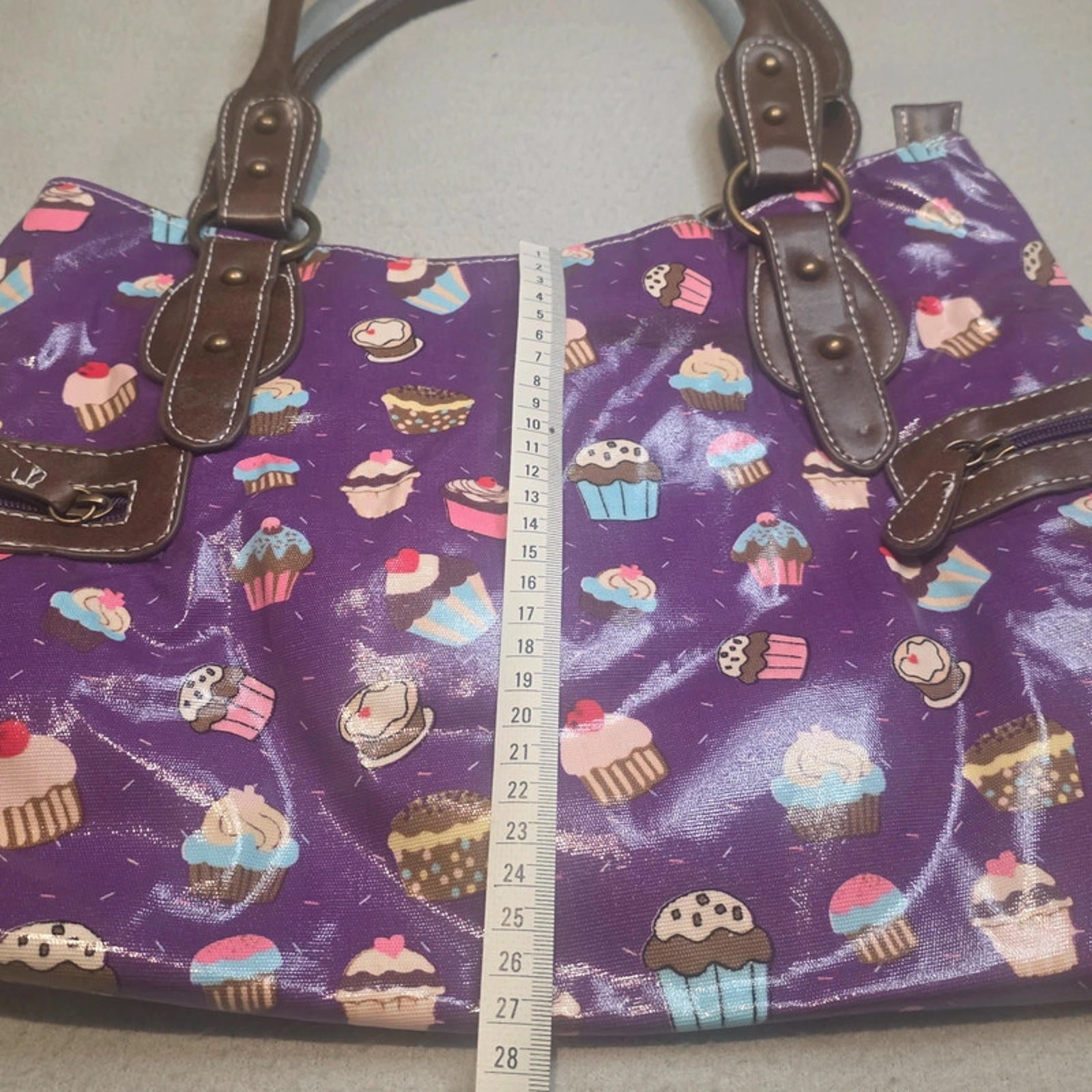 Purple Cupcake Print Handbag / Shoulder Bag – Zip Top, Pockets, Brown Handles