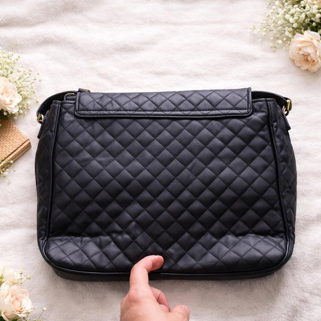 Black Quilted Faux Leather Messenger Bag Gold Hardware Dual Front Pockets
