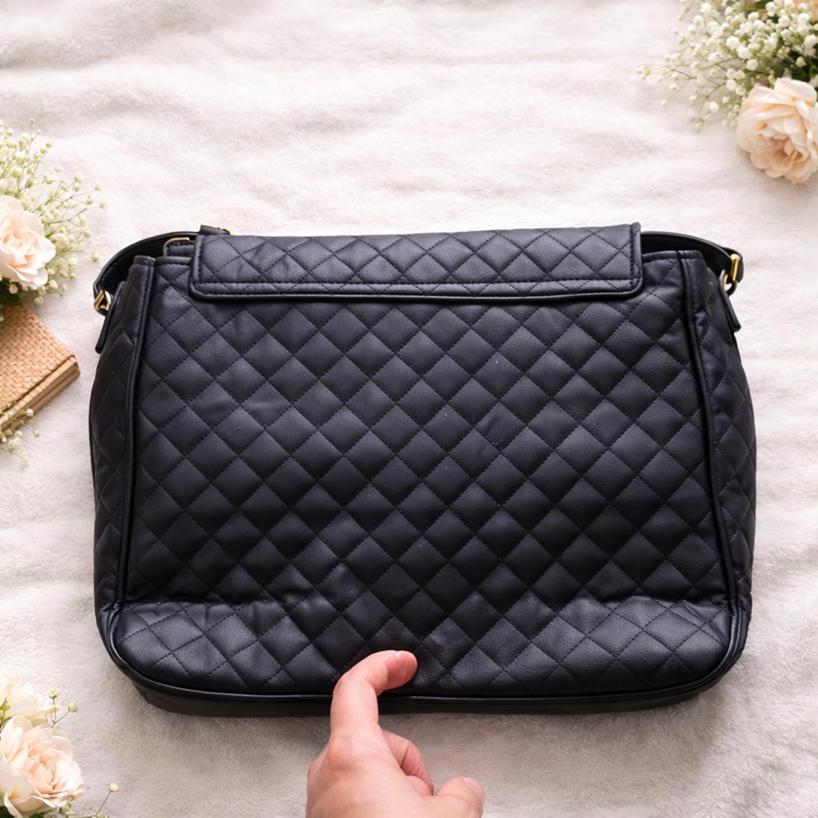 Black Quilted Faux Leather Messenger Bag Gold Hardware Dual Front Pockets