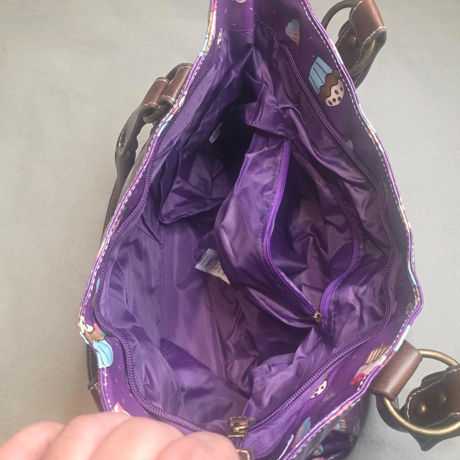 Purple Cupcake Print Handbag / Shoulder Bag – Zip Top, Pockets, Brown Handles