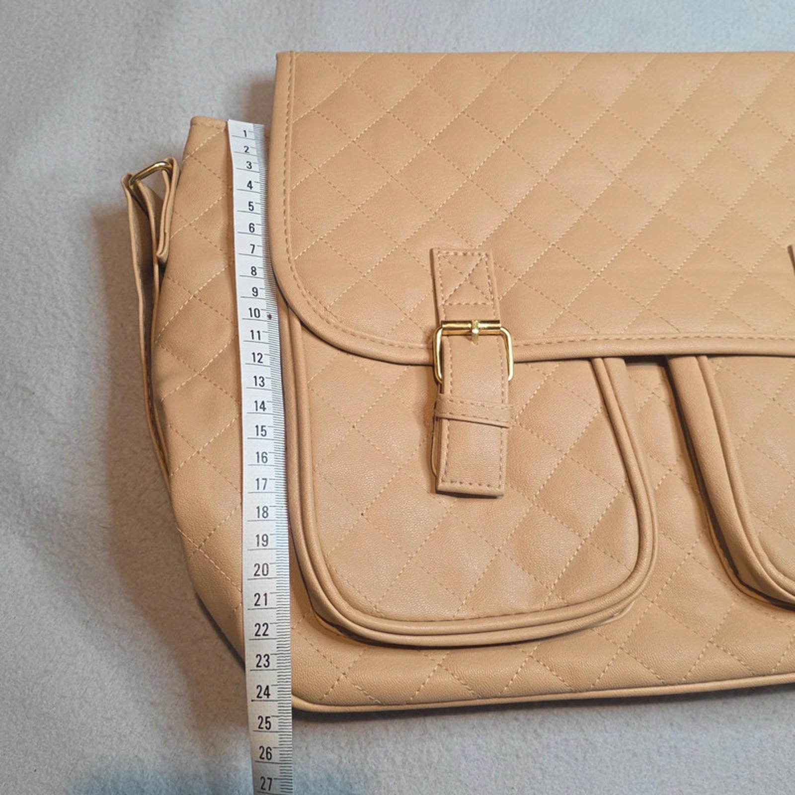 Beige Quilted Shoulder Messenger Bag 40cm Gold Buckle 2 Front Pockets Zip Top