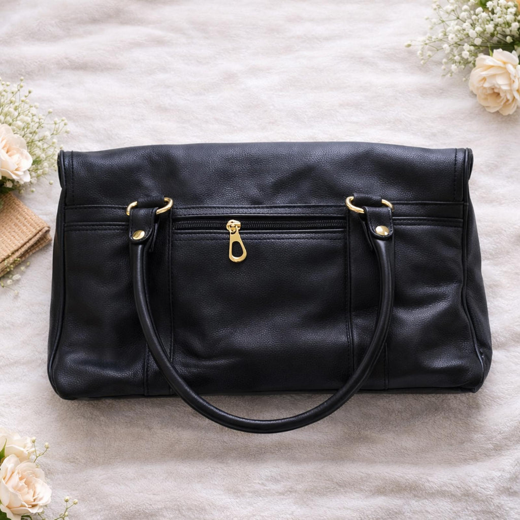 Black Leather Handbag Gold Hardware Ring Detail Classic Structured Shoulder Bag