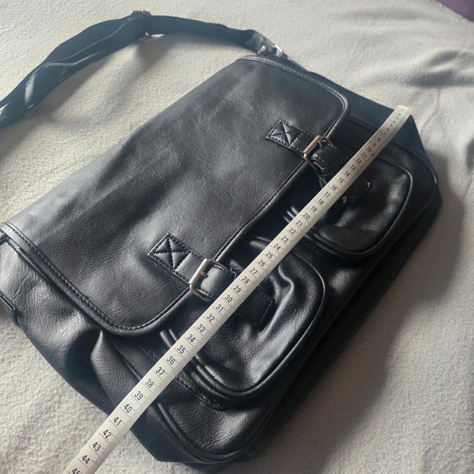 Black Faux Leather Messenger Bag Cross Body Satchel 2 Front Pockets Adjustable