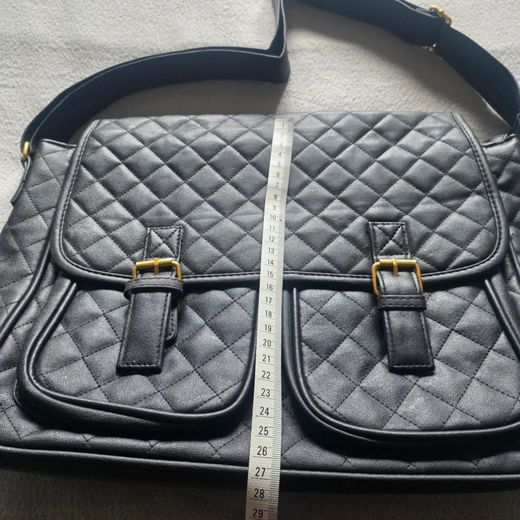 Black Quilted Faux Leather Messenger Bag Gold Hardware Dual Front Pockets