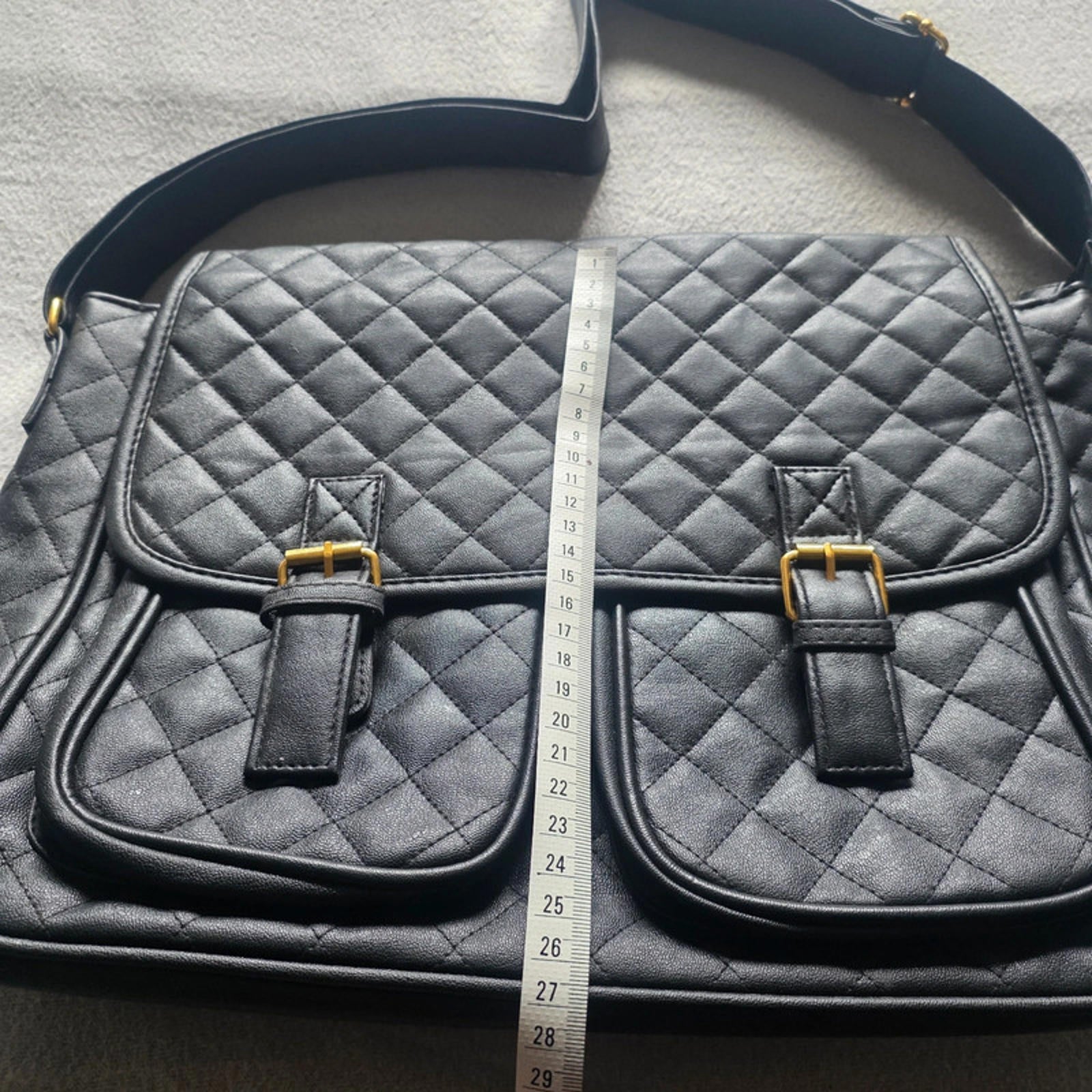 Black Quilted Faux Leather Messenger Bag Gold Hardware Dual Front Pockets