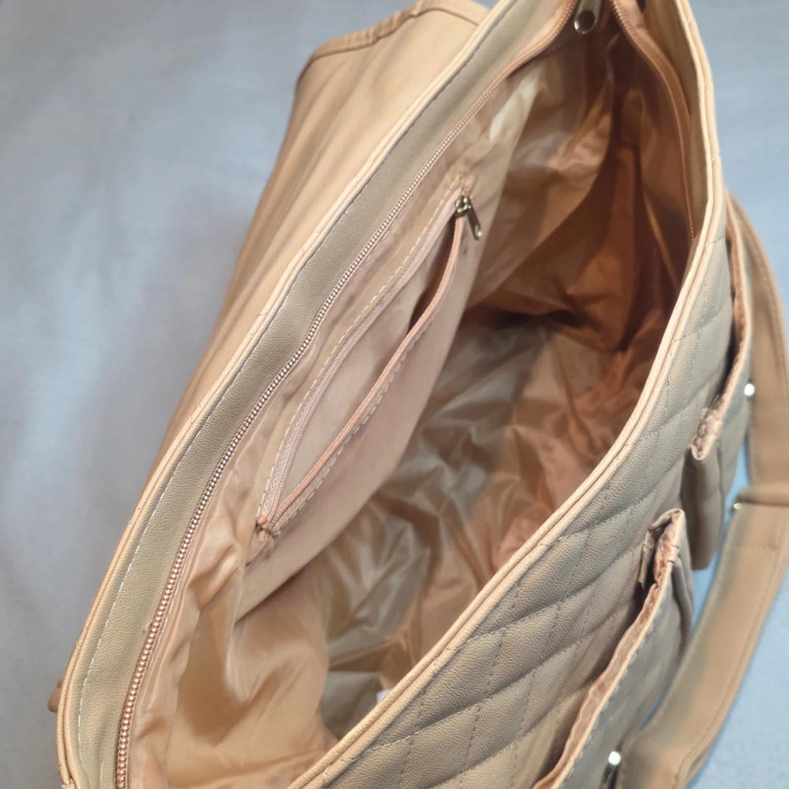 Beige Quilted Shoulder Messenger Bag 40cm Gold Buckle 2 Front Pockets Zip Top