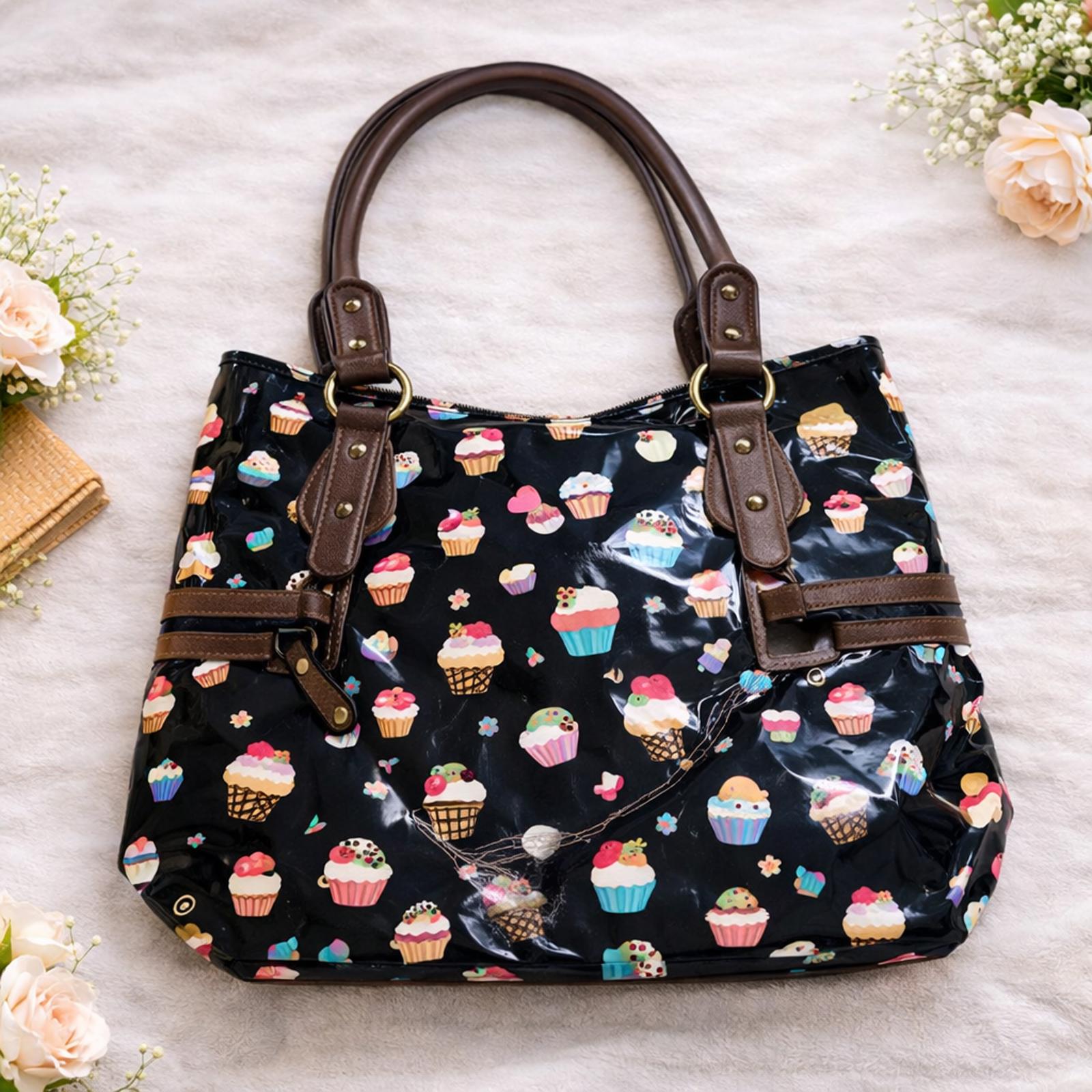 Cupcake Print Glossy Tote Bag – Brown Trim, Multiple Zip Pockets, Cute Y2K style