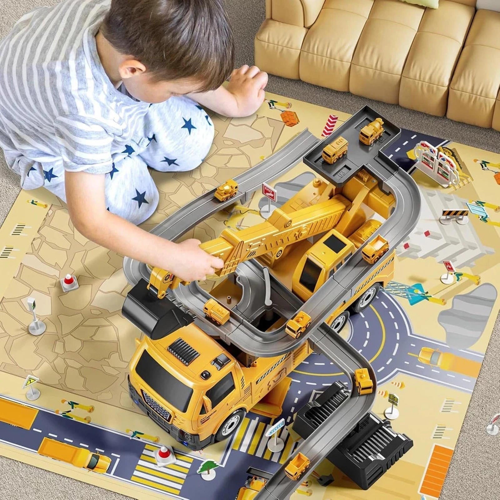 TEMI 2-in-1 Kids Construction Crane & Car Track Playset – Ages 3–7
