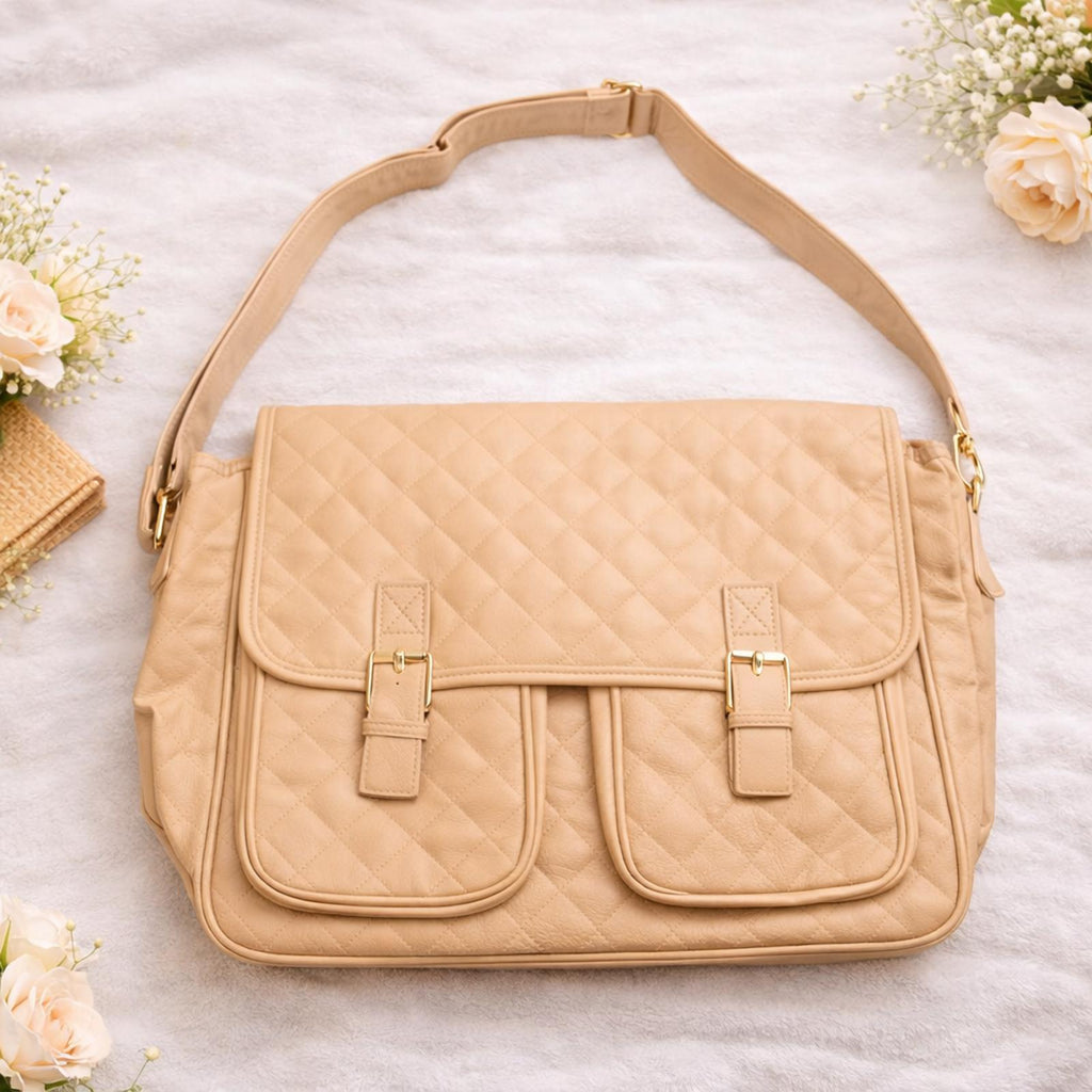 Beige Quilted Shoulder Messenger Bag 40cm Gold Buckle 2 Front Pockets Zip Top