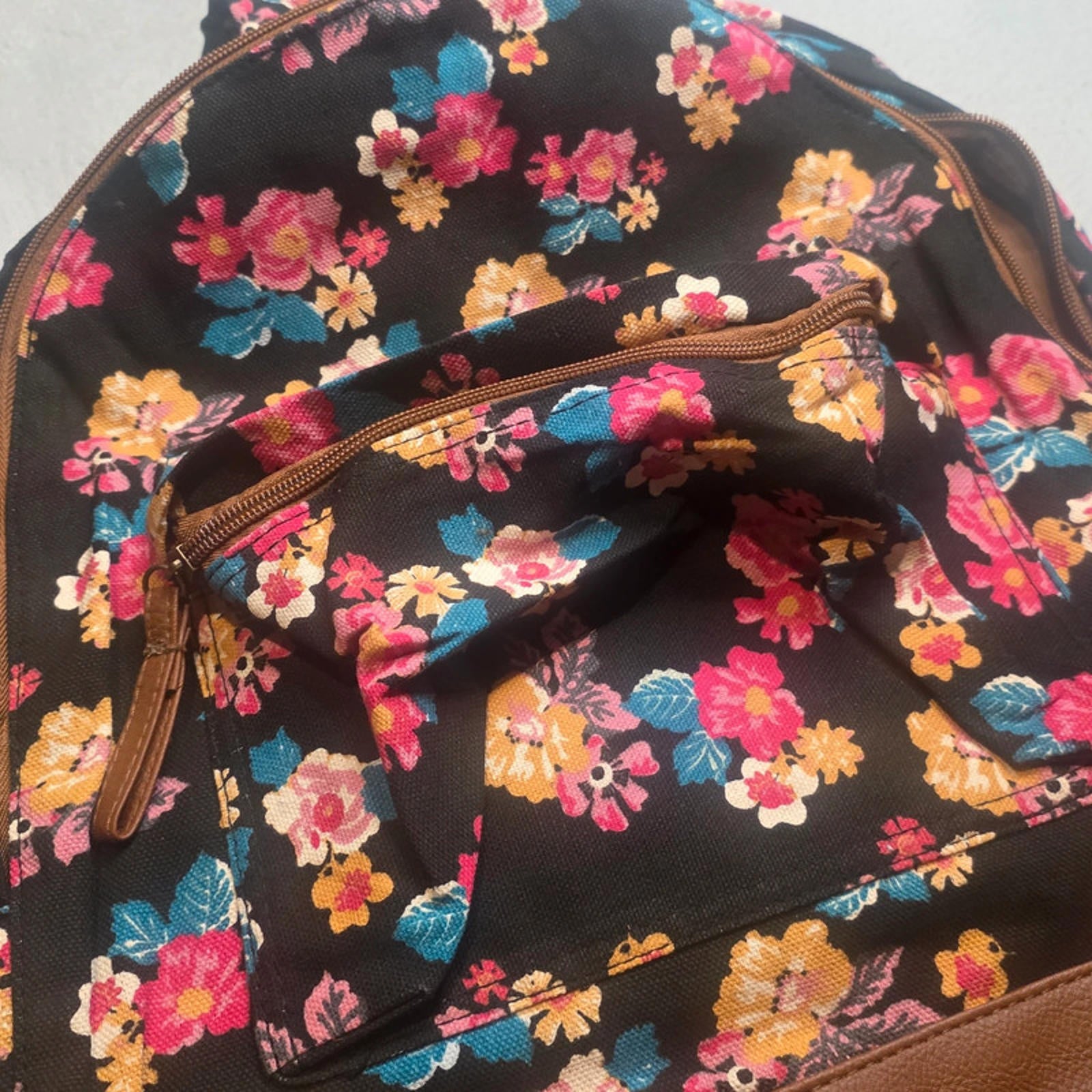 Floral Print Backpack Rucksack – Brown Faux Leather Base – School/Travel Bag