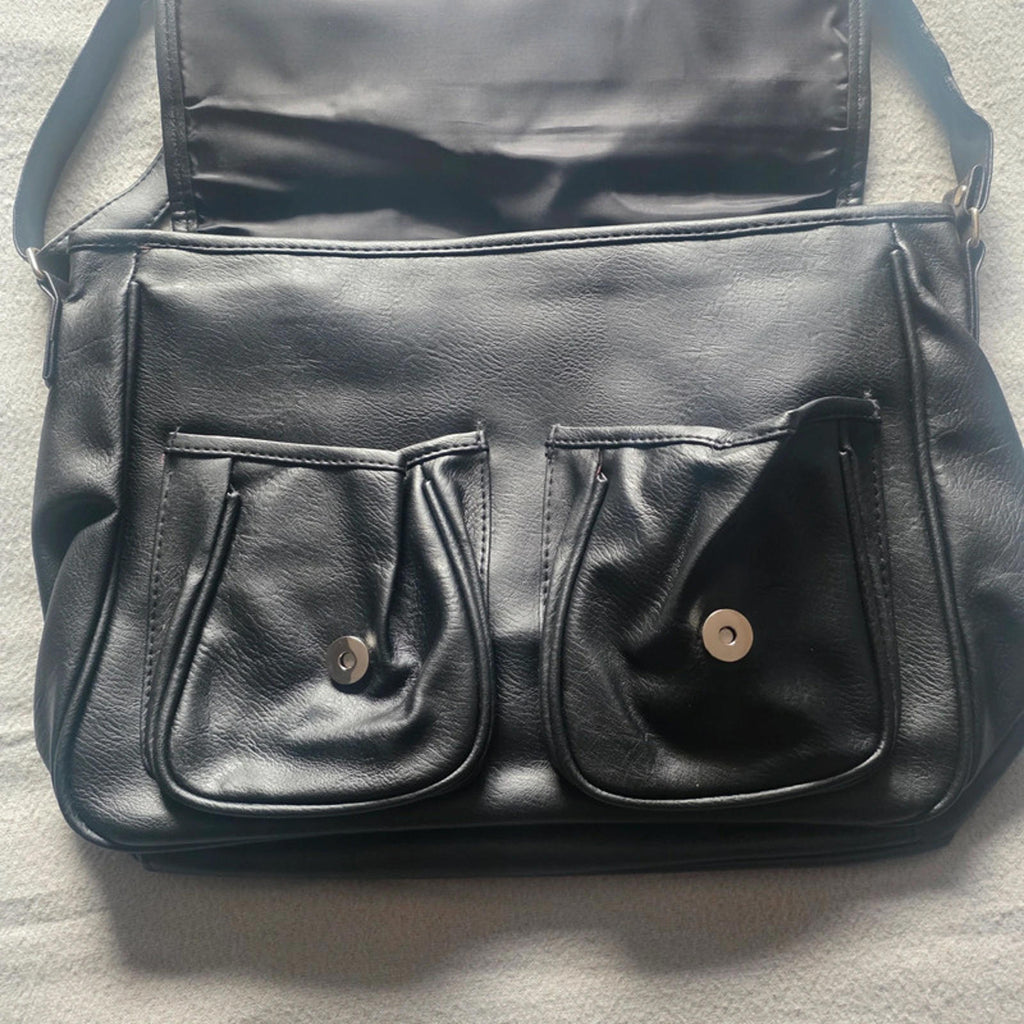 Black Faux Leather Messenger Bag Cross Body Satchel 2 Front Pockets Adjustable