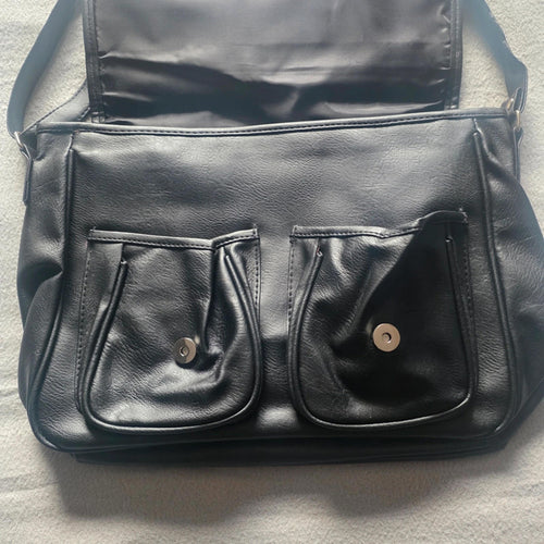 Black Faux Leather Messenger Bag Cross Body Satchel 2 Front Pockets Adjustable