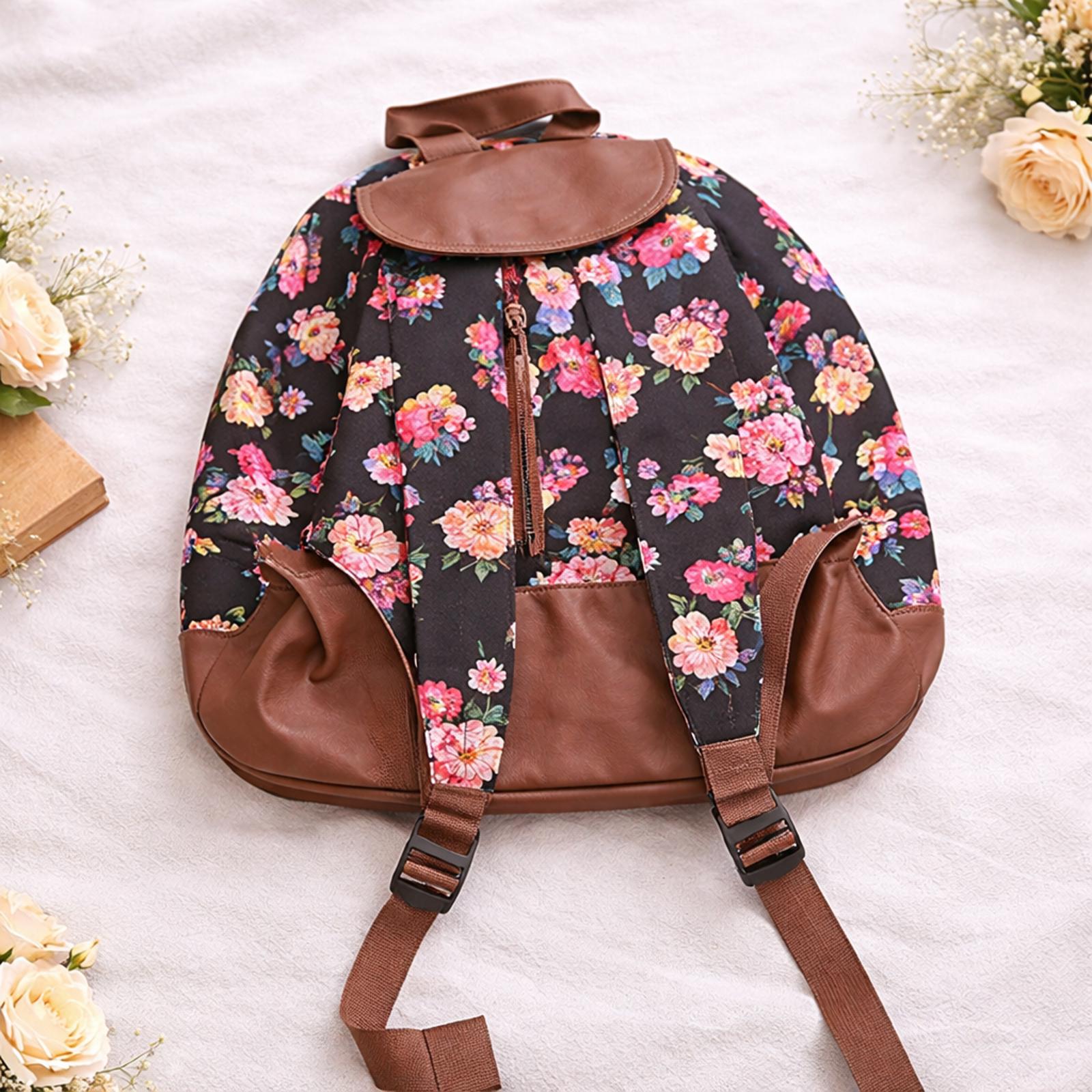 Floral Print Backpack Rucksack – Brown Faux Leather Base – School/Travel Bag
