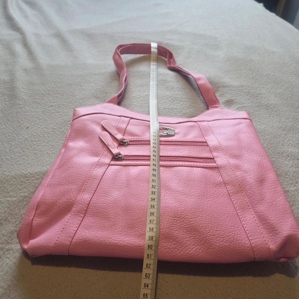 Pink Faux Leather Shoulder Bag with G Logo - Multiple Pockets & Zip Compartments