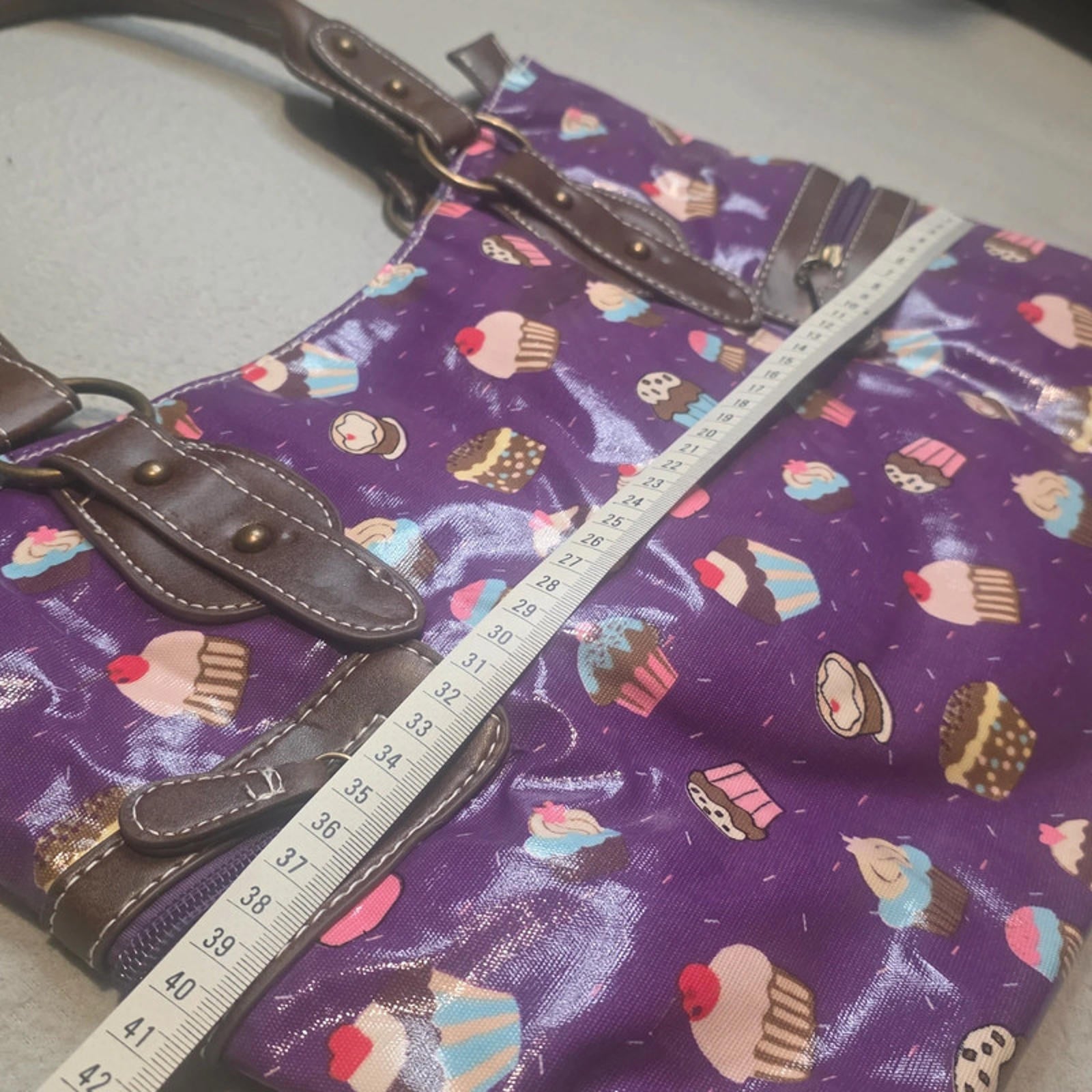 Purple Cupcake Print Handbag / Shoulder Bag – Zip Top, Pockets, Brown Handles