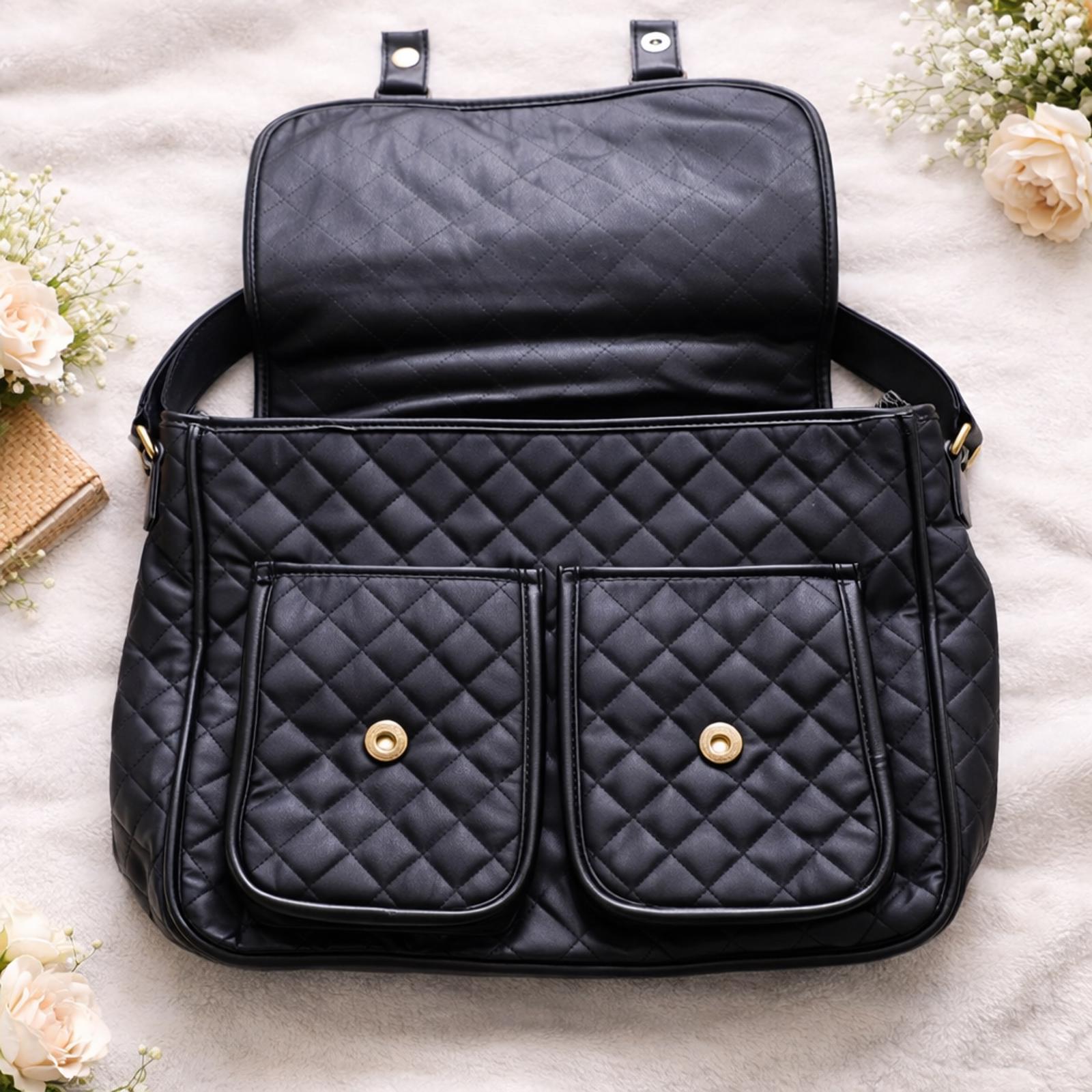 Black Quilted Faux Leather Messenger Bag Gold Hardware Dual Front Pockets