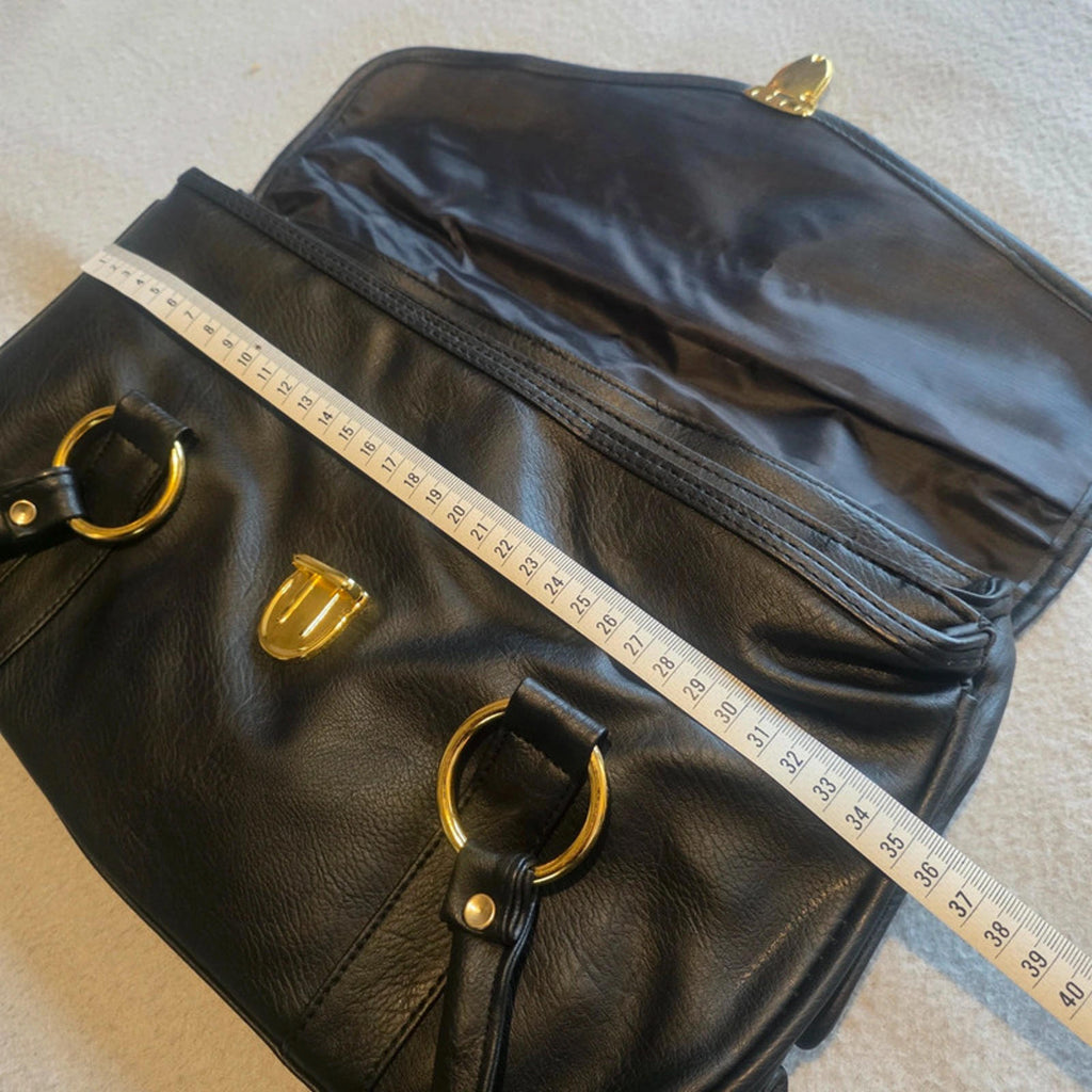 Black Leather Handbag Gold Hardware Ring Detail Classic Structured Shoulder Bag