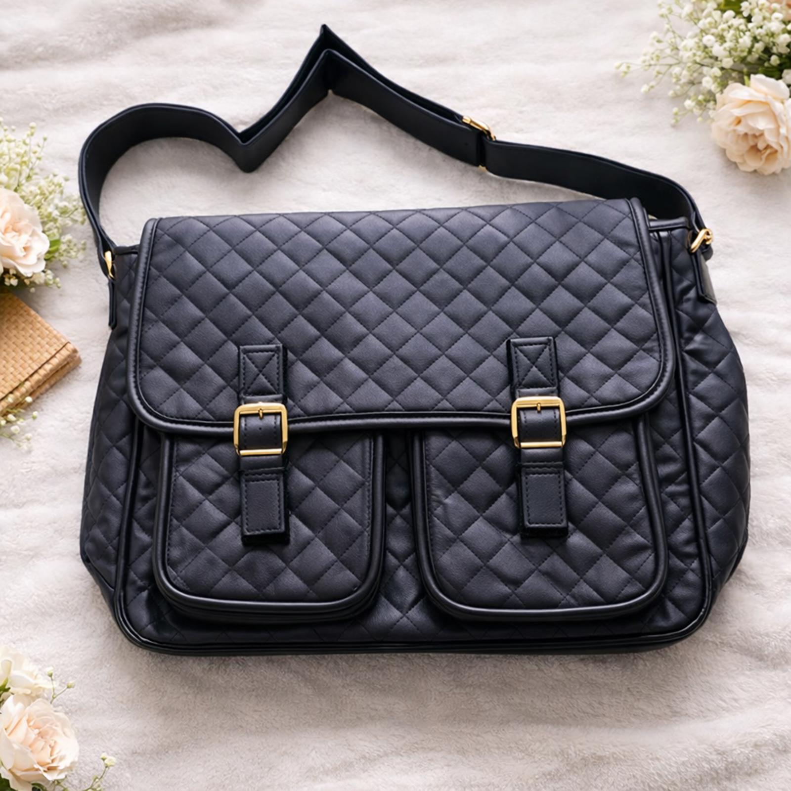 Black Quilted Faux Leather Messenger Bag Gold Hardware Dual Front Pockets