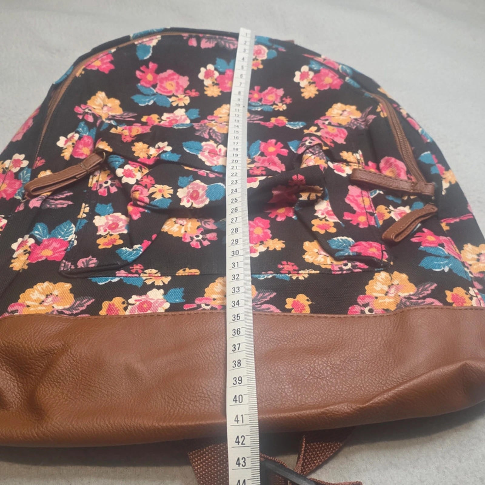 Floral Print Backpack Rucksack – Brown Faux Leather Base – School/Travel Bag