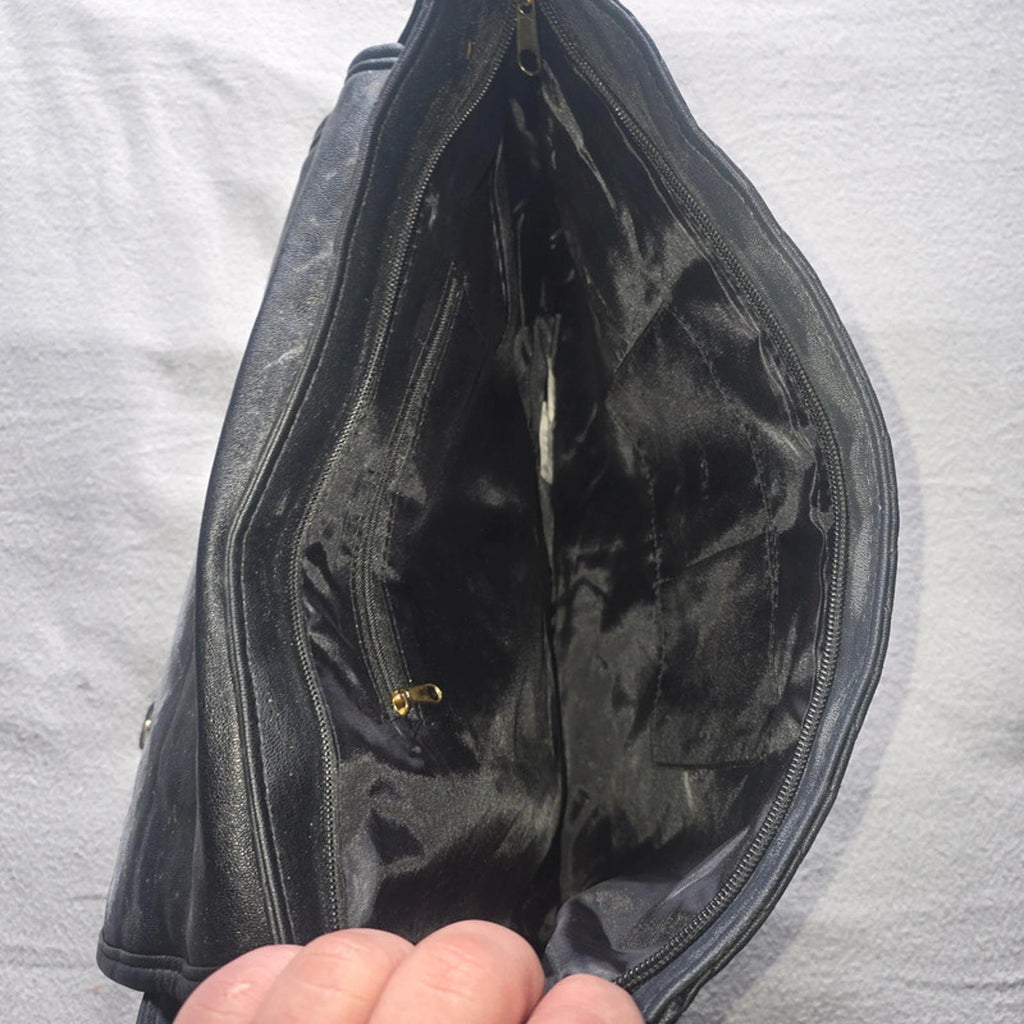 Black Quilted Faux Leather Messenger Bag Gold Hardware Dual Front Pockets