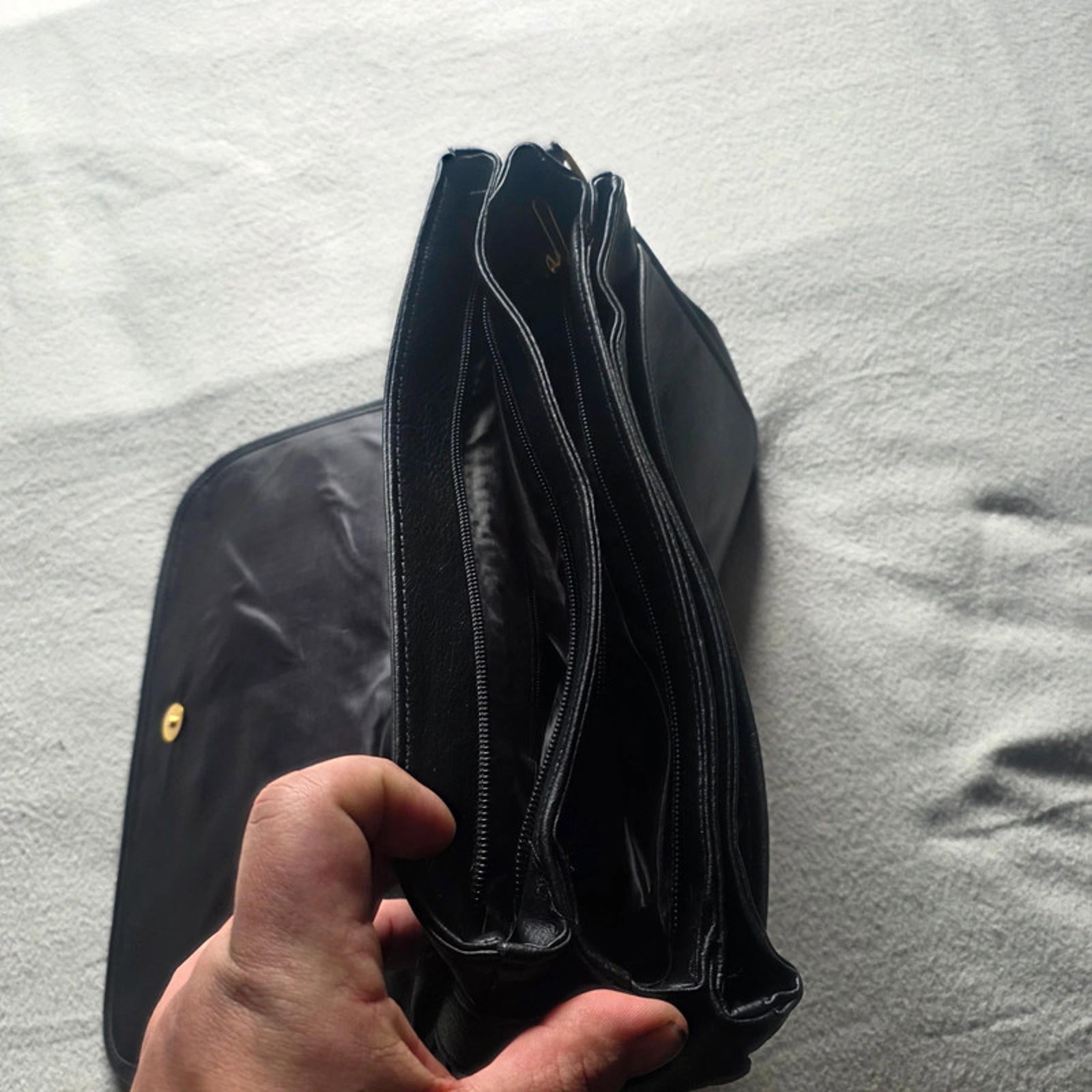 Black Leather Messenger Bag Crossbody Shoulder Bag Multiple Compartments Gold