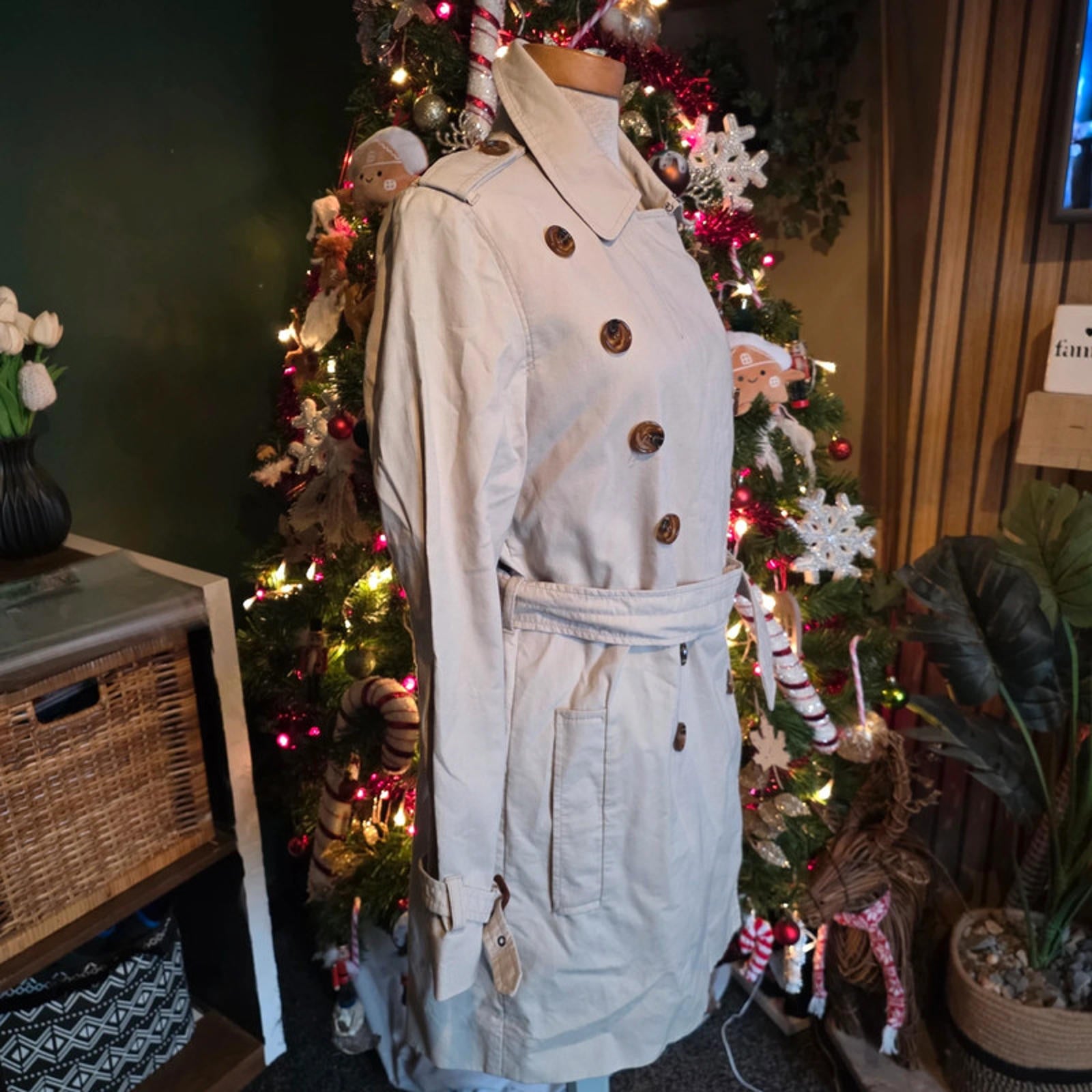French Connection Classic Beige Trench Coat Double Breasted Size 10 Smart Casual