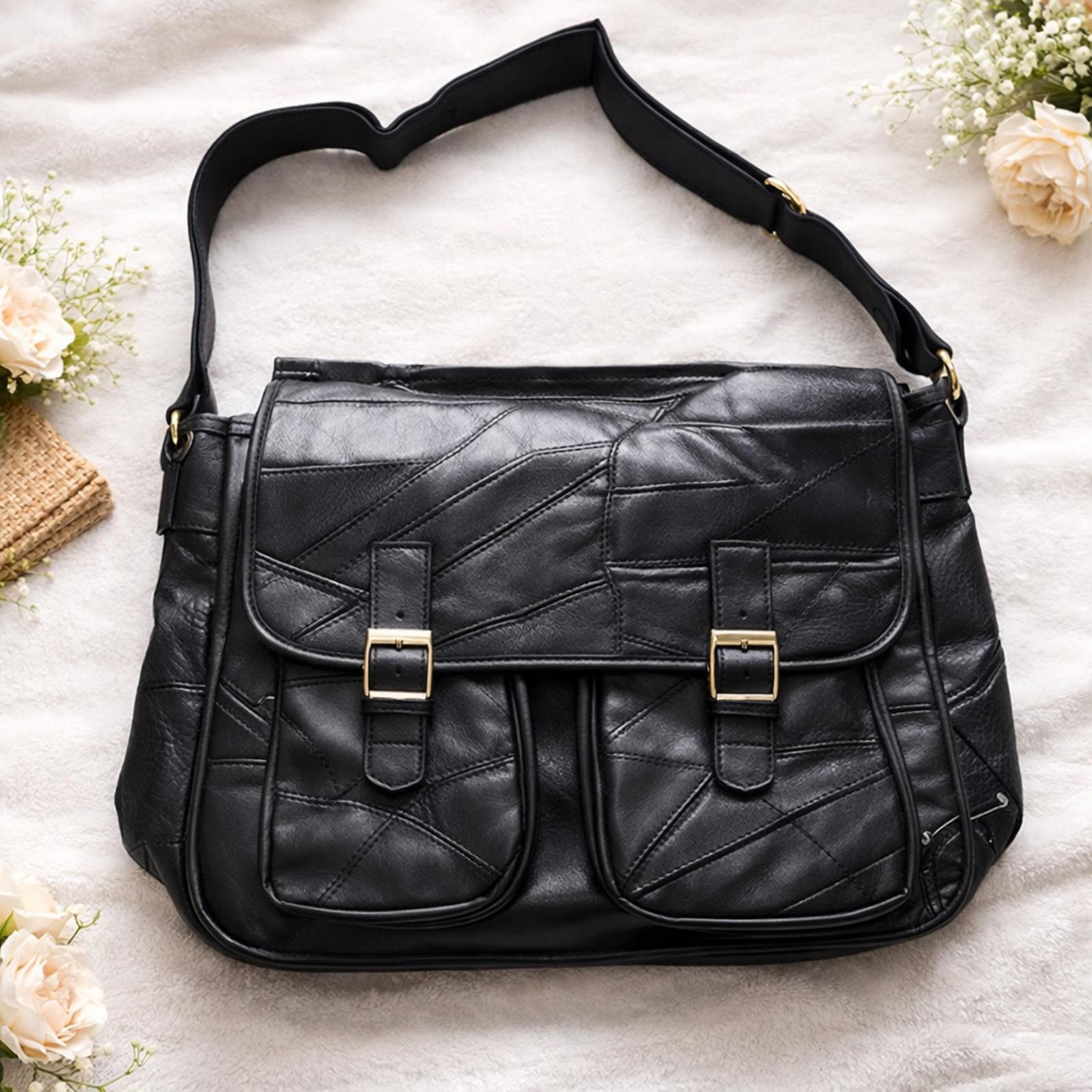 Black Leather Patchwork Messenger Bag Gold Hardware Vintage Style Crossbody