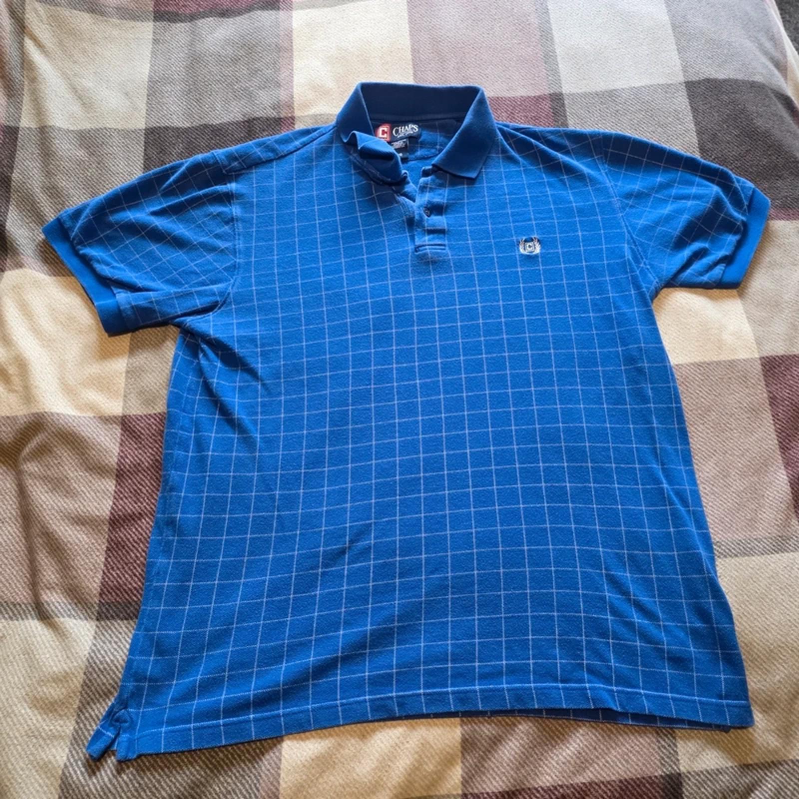 Chaps Ralph Lauren Polo Shirt Mens L Blue Check Short Sleeve Cotton Logo Casual