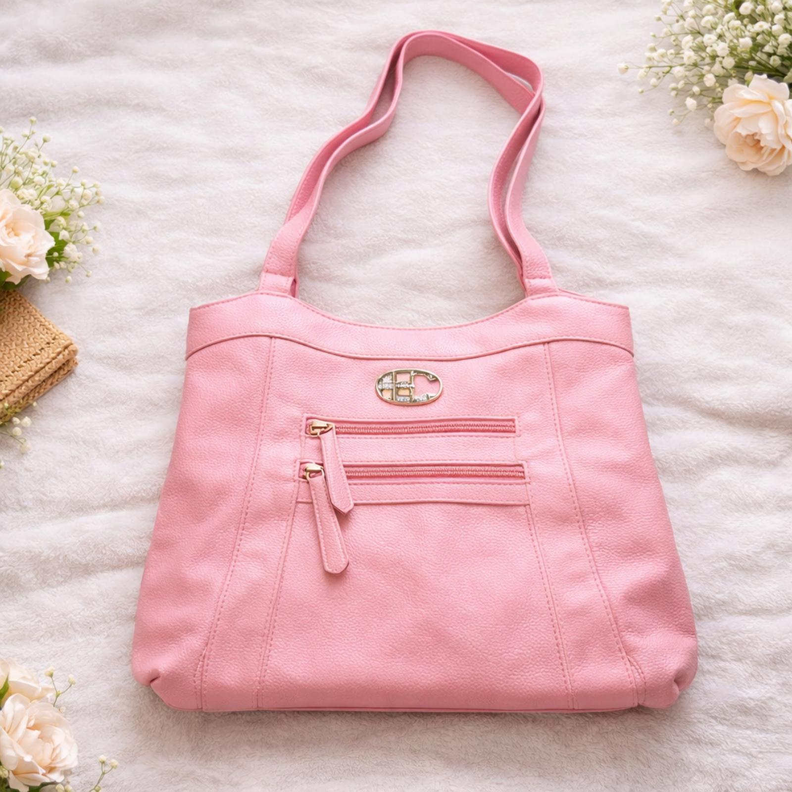 Pink Faux Leather Shoulder Bag with G Logo - Multiple Pockets & Zip Compartments
