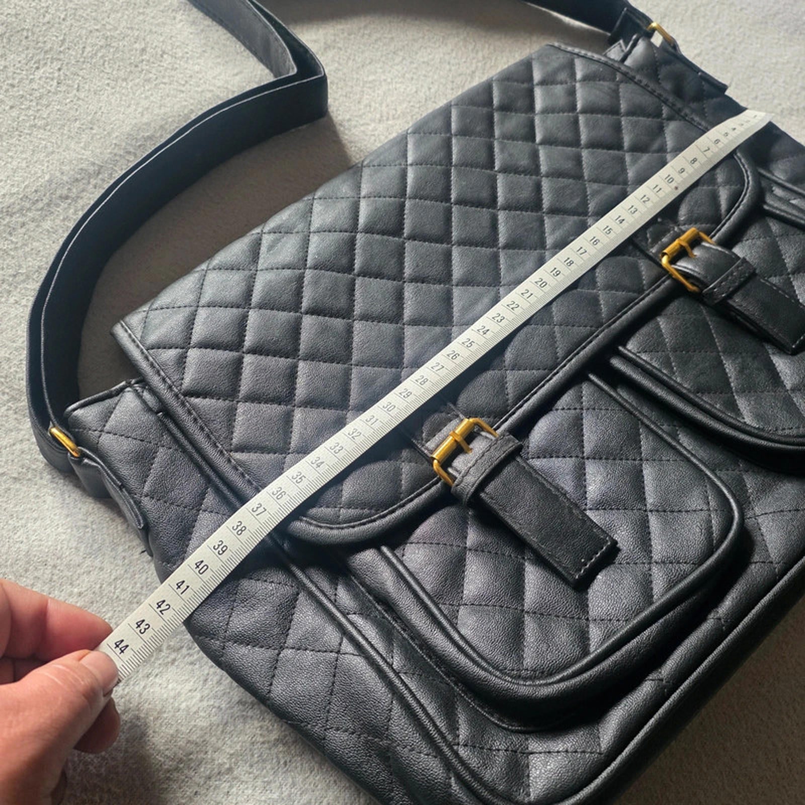 Black Quilted Faux Leather Messenger Bag Gold Hardware Dual Front Pockets