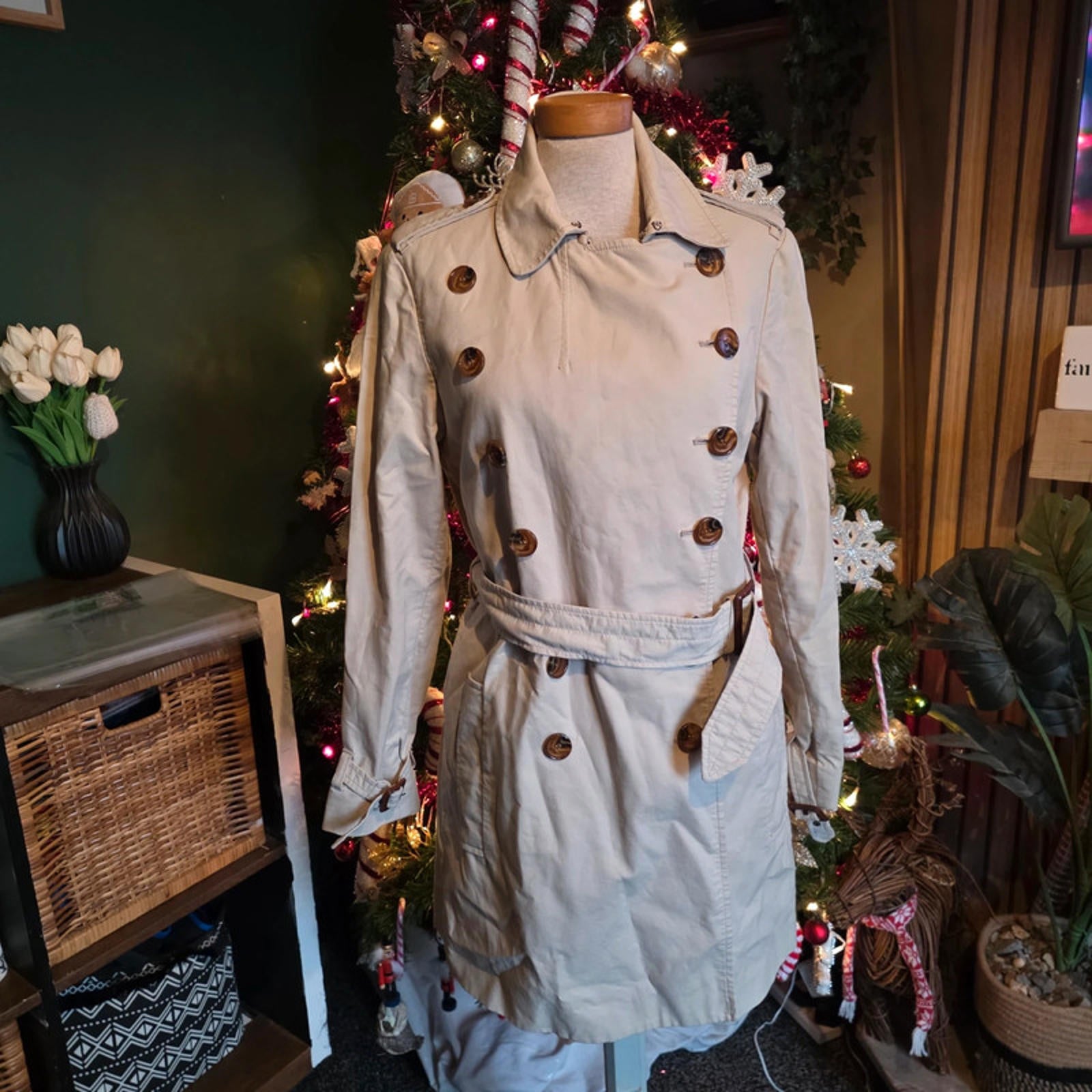 French Connection Classic Beige Trench Coat Double Breasted Size 10 Smart Casual