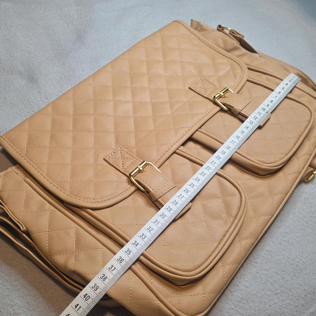 Beige Quilted Shoulder Messenger Bag 40cm Gold Buckle 2 Front Pockets Zip Top