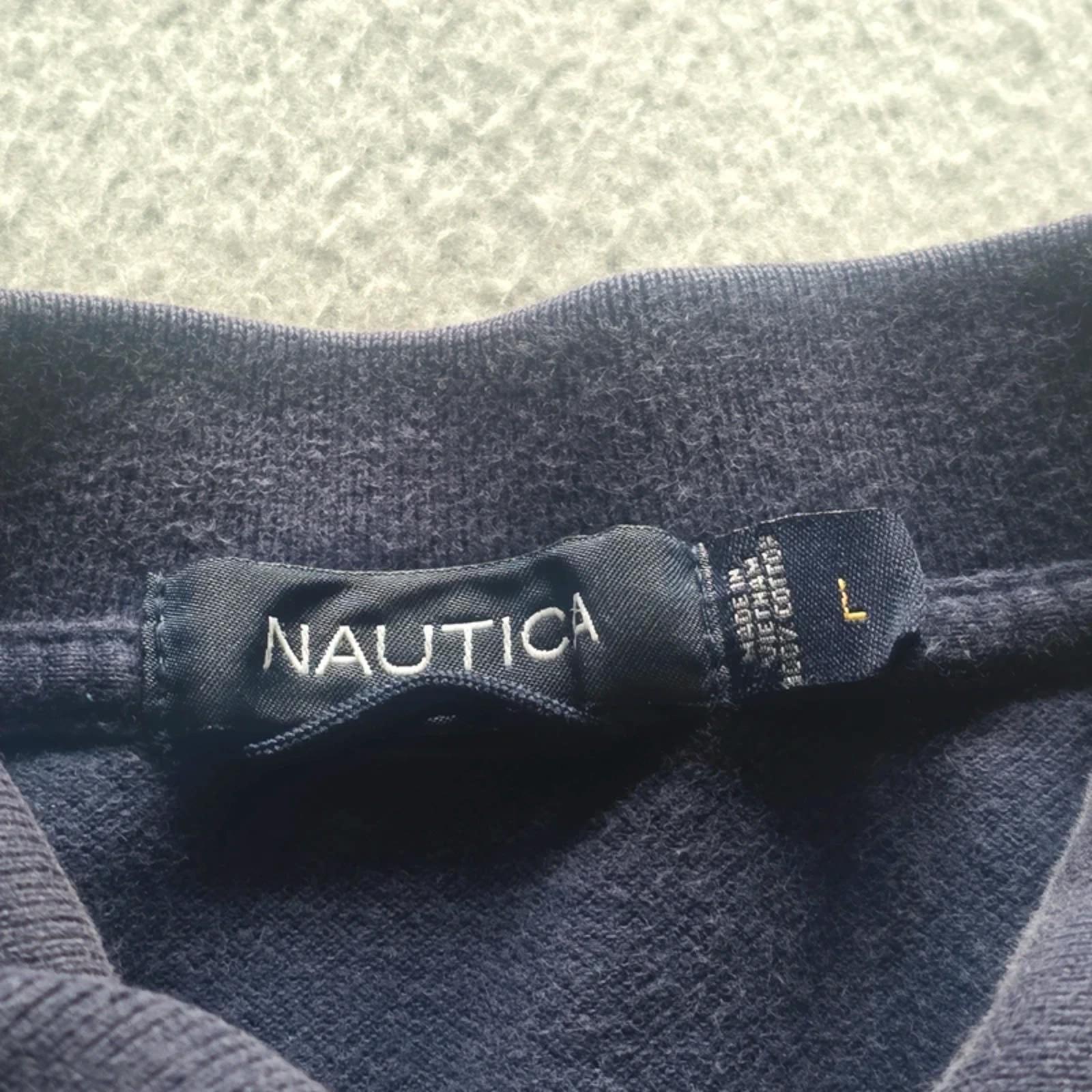 Nautica Polo Shirt Navy Striped Logo – Size L – Cotton Vintage
