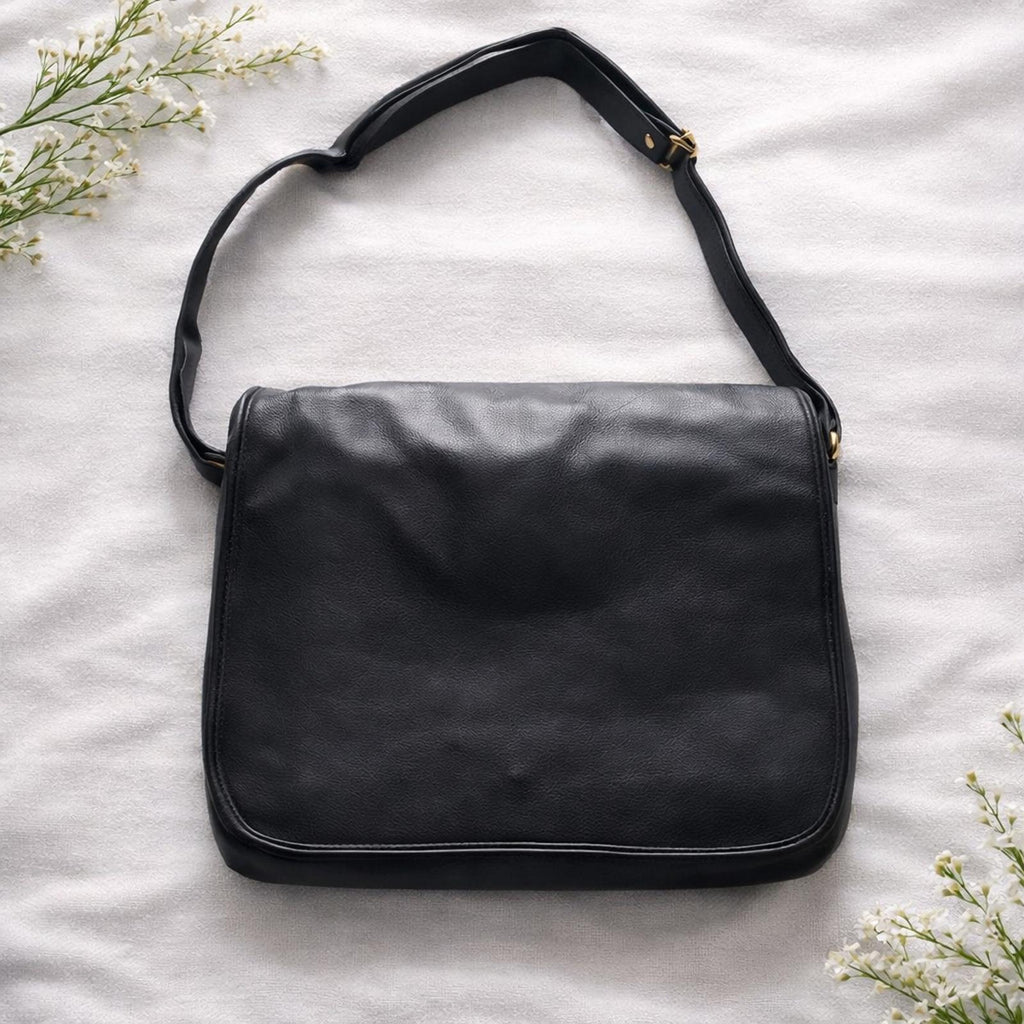 Black Leather Messenger Bag Crossbody Shoulder Bag Multiple Compartments Gold