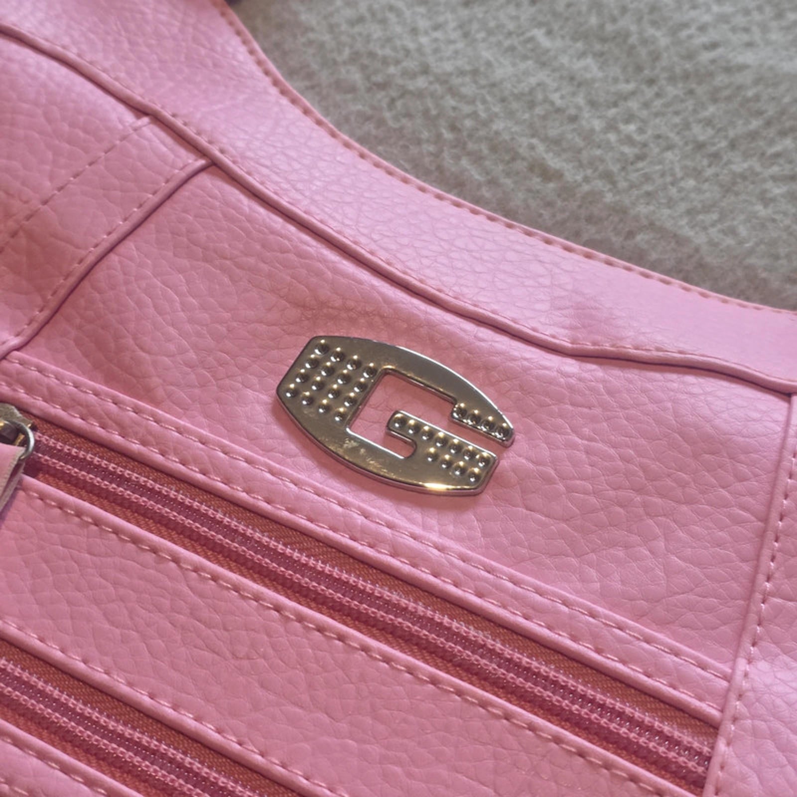 Pink Faux Leather Shoulder Bag with G Logo - Multiple Pockets & Zip Compartments