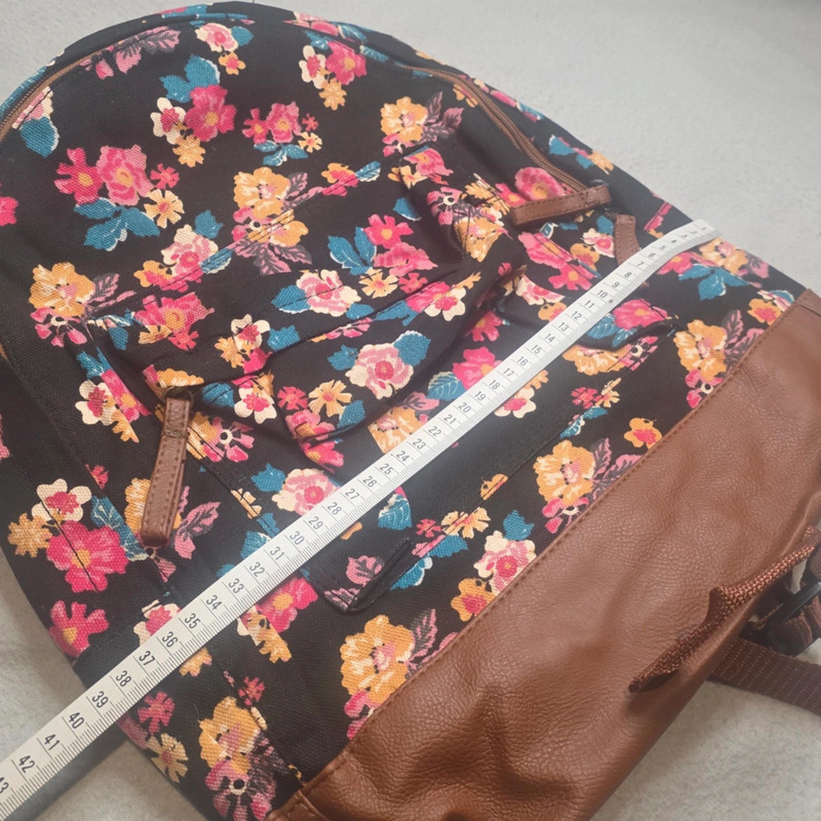 Floral Print Backpack Rucksack – Brown Faux Leather Base – School/Travel Bag
