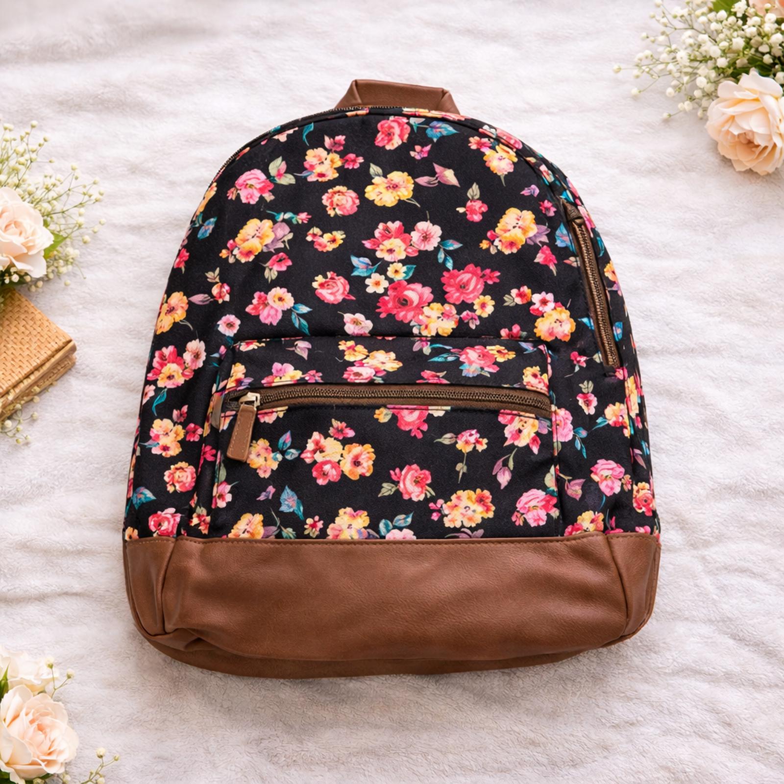 Floral Print Backpack Rucksack – Brown Faux Leather Base – School/Travel Bag