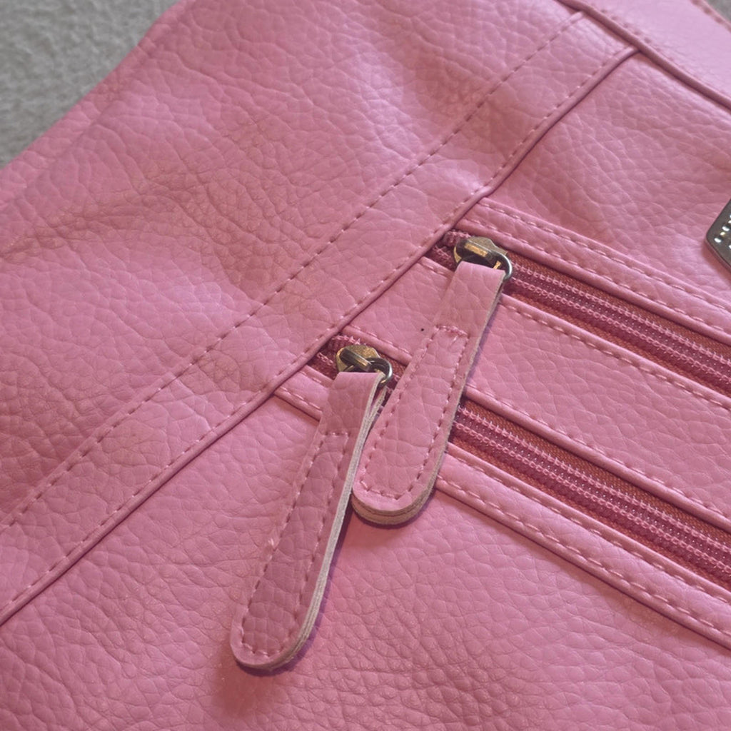 Pink Faux Leather Shoulder Bag with G Logo - Multiple Pockets & Zip Compartments