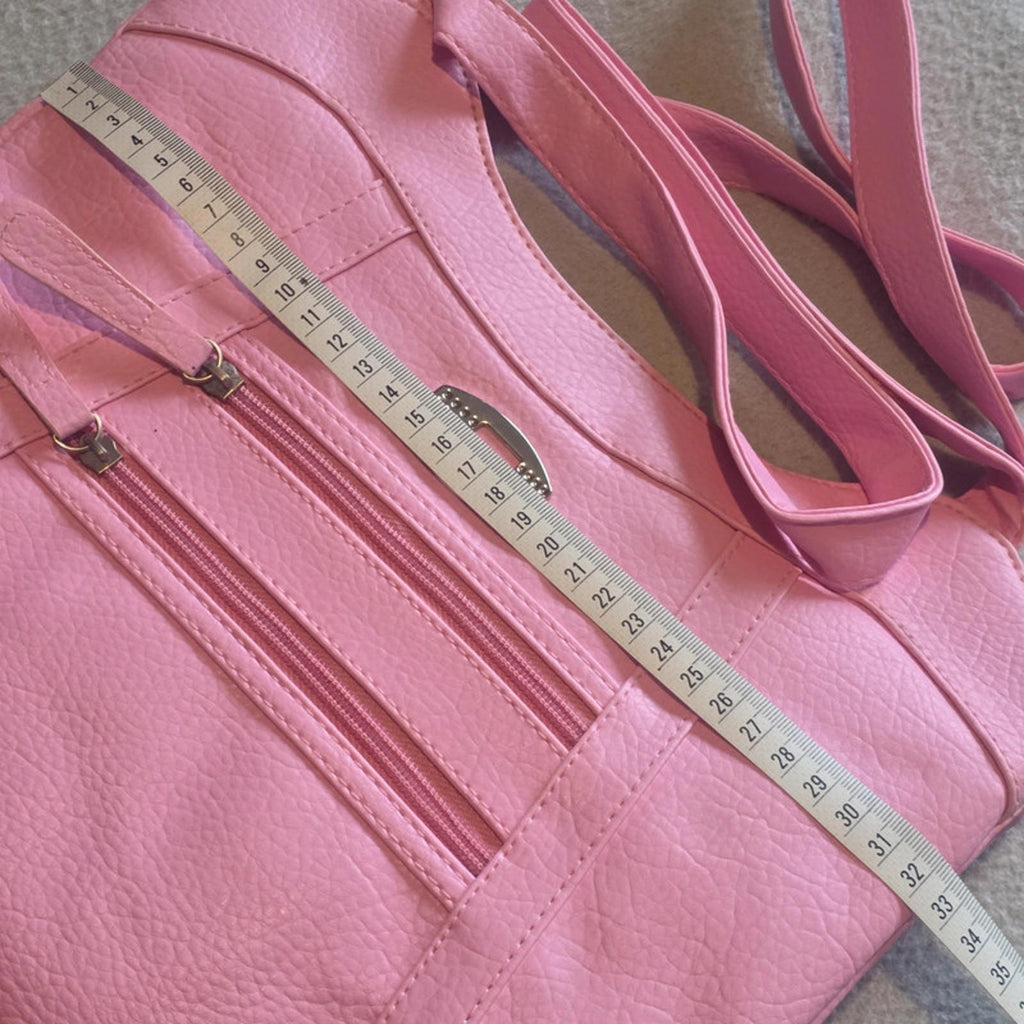 Pink Faux Leather Shoulder Bag with G Logo - Multiple Pockets & Zip Compartments