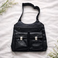 Black Faux Leather Crossbody Messenger Bag Multi-Pocket Organizer Shoulder Bag